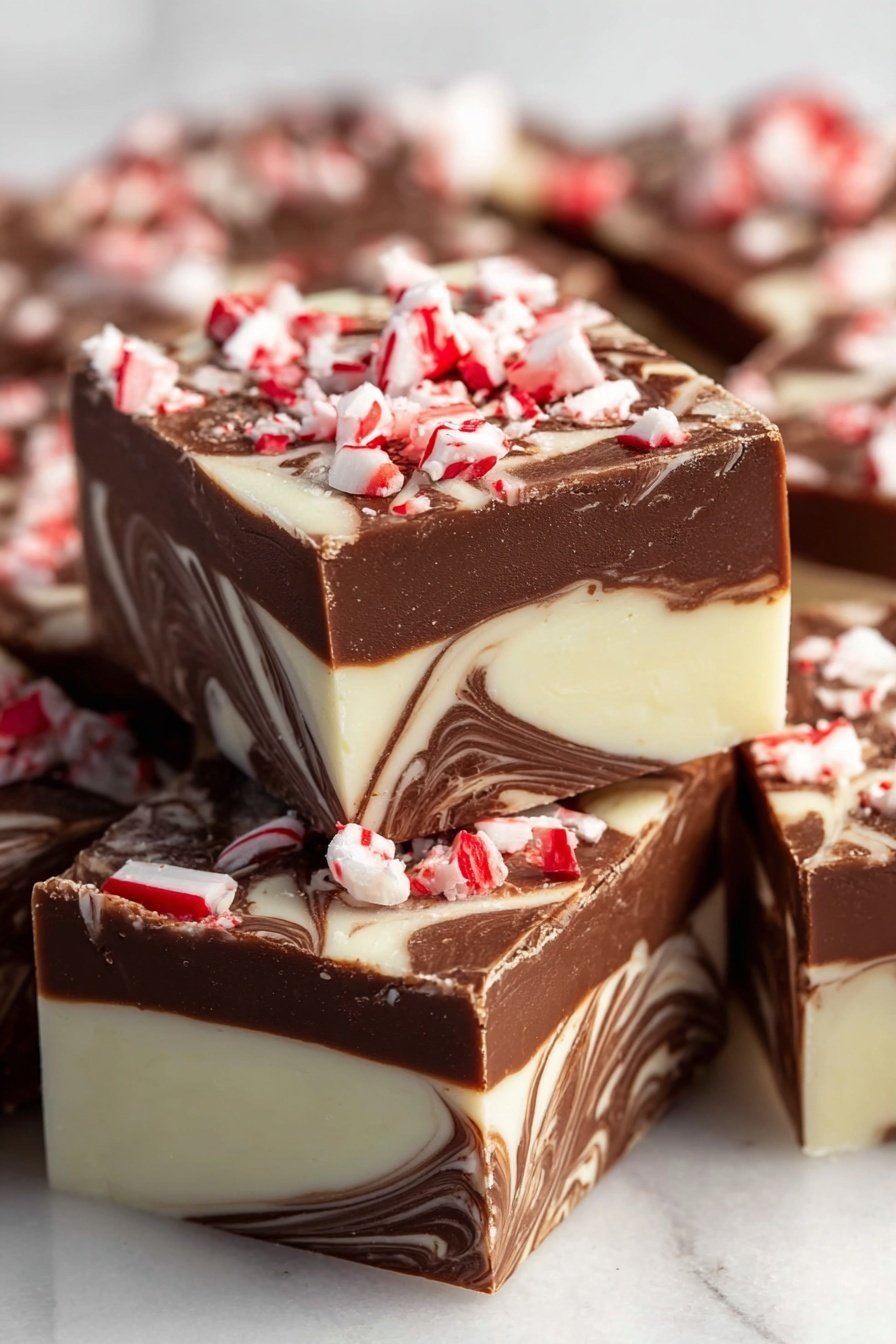 Peppermint Swirl Fudge, peppermint fudge recipe, holiday peppermint fudge, easy peppermint fudge, festive peppermint treats - The image shows square pieces of peppermint fudge stacked on a white marbled surface. Each piece has three layers: a top layer of smooth dark brown chocolate, a middle layer of swirled creamy white and brown chocolate, and a solid white chocolate bottom layer. The fudge is topped with chunks of red and white peppermint candy scattered unevenly on the top. The surface texture of the fudge appears smooth and slightly glossy, with clear swirls visible in the side view. Photo taken with an iphone --ar 2:3 --v 7