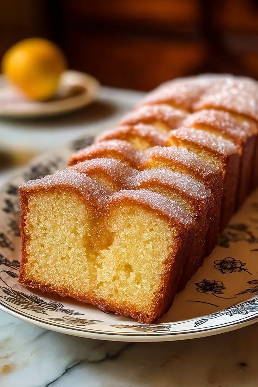 Apple Cider Cinnamon Bread, Fall Loaf Recipe, Cozy Autumn Baked Goods, Spiced Bread with Apple Cider, Easy Fall Baking - A rectangular cake is sliced into seven even pieces, each slice showing a light golden brown inside with a darker, crisper crust along the edges. The top of the cake is covered in large, sparkling sugar crystals that catch the light. The cake sits on a white plate with a delicate black floral pattern. The surface under the plate is a white marbled texture, and the background is softly blurred with warm tones, making the cake the clear focus. photo taken with an iphone --ar 2:3 --v 7