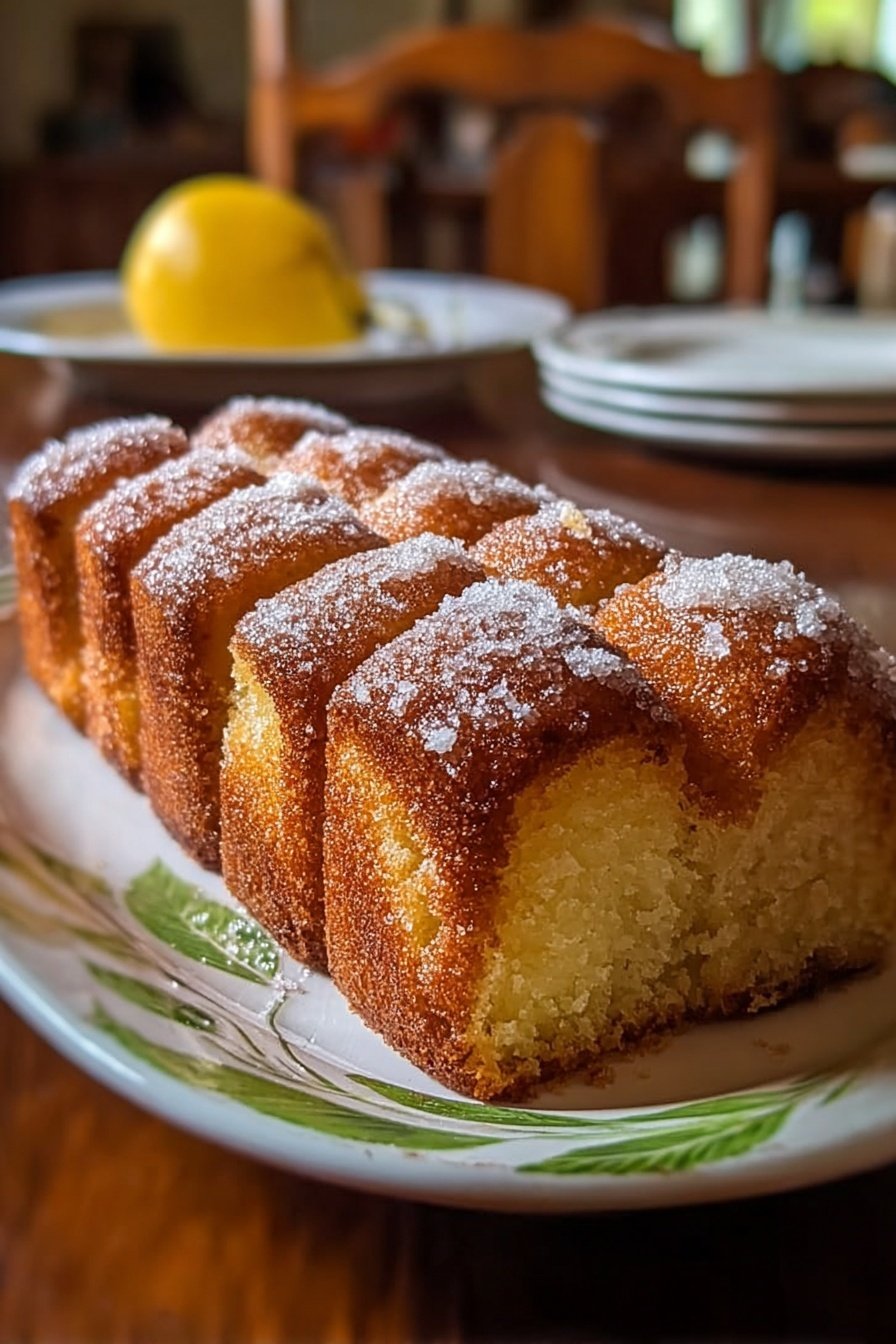 Apple Cider Cinnamon Bread, Fall Loaf Recipe, Cozy Autumn Baked Goods, Spiced Bread with Apple Cider, Easy Fall Baking - A rectangular cake with six rounded, raised sections is shown on a white plate with a green leaf pattern around the edge, set on a wooden table. The cake's top is golden brown and covered with coarse white sugar crystals, adding a crunchy texture. The inside of the cake is light yellow and moist, visible because the front section is sliced open. The background is softly blurred, showing a yellow fruit on another white plate and wooden chairs. The light is warm, giving the cake a fresh and inviting look. photo taken with an iphone --ar 2:3 --v 7