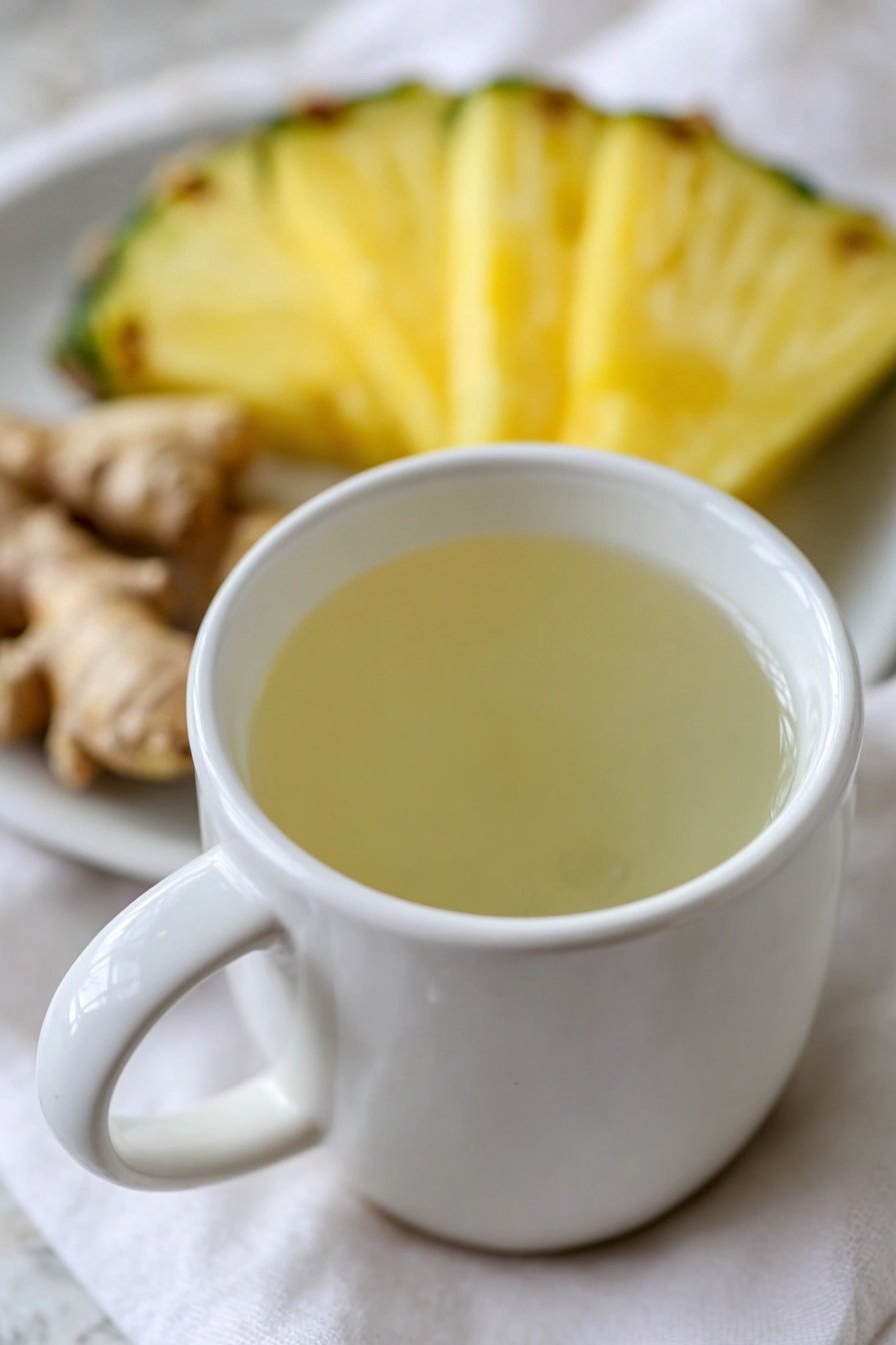 Pineapple Ginger Tea, Pineapple Ginger Tea benefits, How to make pineapple ginger tea, refreshing pineapple ginger beverage, healthy ginger tea drinks - A close-up image of a white ceramic cup filled with a clear, pale yellow liquid, likely tea or broth, sitting on a white marbled surface covered with a white cloth. Behind the cup, there are three slices of bright yellow pineapple with green edges arranged in a row, slightly blurred. To the right of the pineapple slices, some small pieces of light brown ginger root also appear in the blurred background, creating a natural and fresh setting. The cup has a smooth texture and a simple handle visible on the left side. Photo taken with an iphone --ar 2:3 --v 7