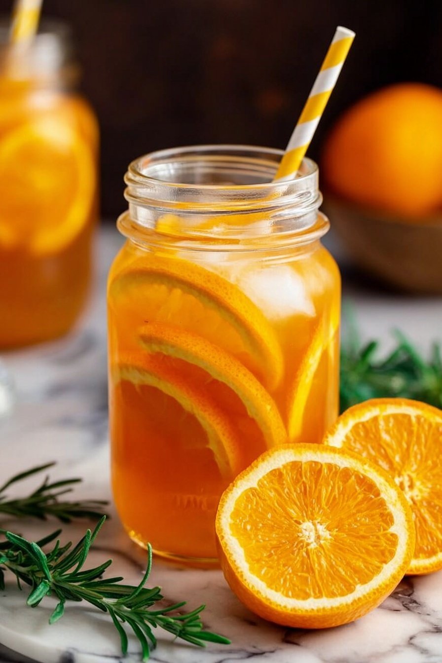Orange Rosemary Iced Tea, herbal citrus iced tea, homemade flavored iced tea, refreshing summer beverages, easy iced tea recipes - A clear glass jar filled with bright orange liquid layered with thin orange slices and ice cubes inside, topped with a yellow and white striped paper straw. Outside the jar, there are two fresh orange halves placed on a white marbled surface. Green rosemary sprigs lie next to the jar and orange slices, adding a touch of green color to the setup. The background is blurred but hints of another jar and orange can be seen. The photo taken with an iphone --ar 2:3 --v 7