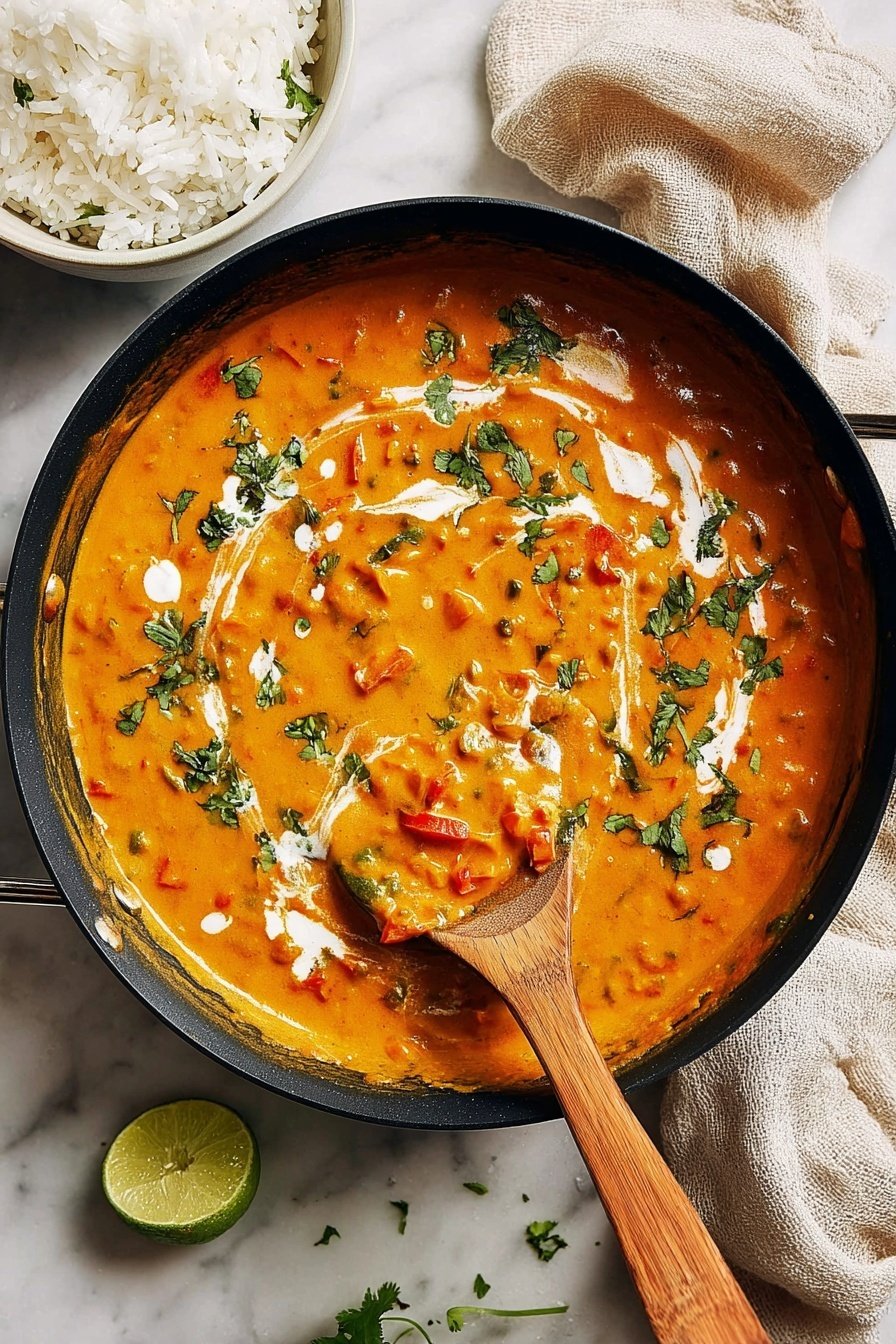 Creamy Pumpkin Curry with Coconut and Veggies, pumpkin curry, coconut pumpkin curry, vegetarian pumpkin curry, healthy fall curry, comforting veggie curry - A thick, orange curry fills a black pan with a smooth yet chunky texture, showing bits of red and green vegetables throughout. Cream is swirled on top in thin white patterns, with scattered fresh green herb leaves lightly sprinkled over the surface. A wooden spoon rests inside the pan, partially covered with curry. To the upper left, a white bowl holds fluffy white rice, and in the bottom right corner of the frame is a wedge of lime on the white marbled surface. A light beige cloth is softly folded in the upper right corner. Photo taken with an iphone --ar 2:3 --v 7