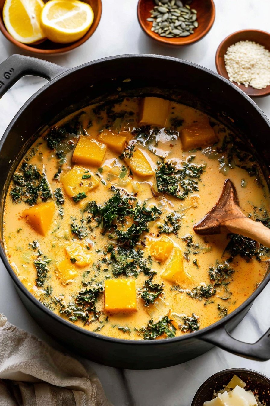 Butternut Squash, Kale, and White Bean Soup, healthy butternut squash soup, hearty vegetable soup, vegan friendly soup, cozy fall soup - A large black pot on a white marbled surface holds a creamy soup with three main layers visible. The base layer is a smooth, light orange broth with a rich texture and slight oil sheen. Floating through this are medium-sized, soft yellow cubes of squash and dark green leafy pieces, likely kale, adding a crunchy texture. Some small chunks of pale, translucent onion are scattered throughout. A wooden spoon is partially dipped on the right side, blending the ingredients. Around the pot are small bowls with lemon slices, seeds, and cheese pieces on the white marbled surface. Photo taken with an iphone --ar 2:3 --v 7