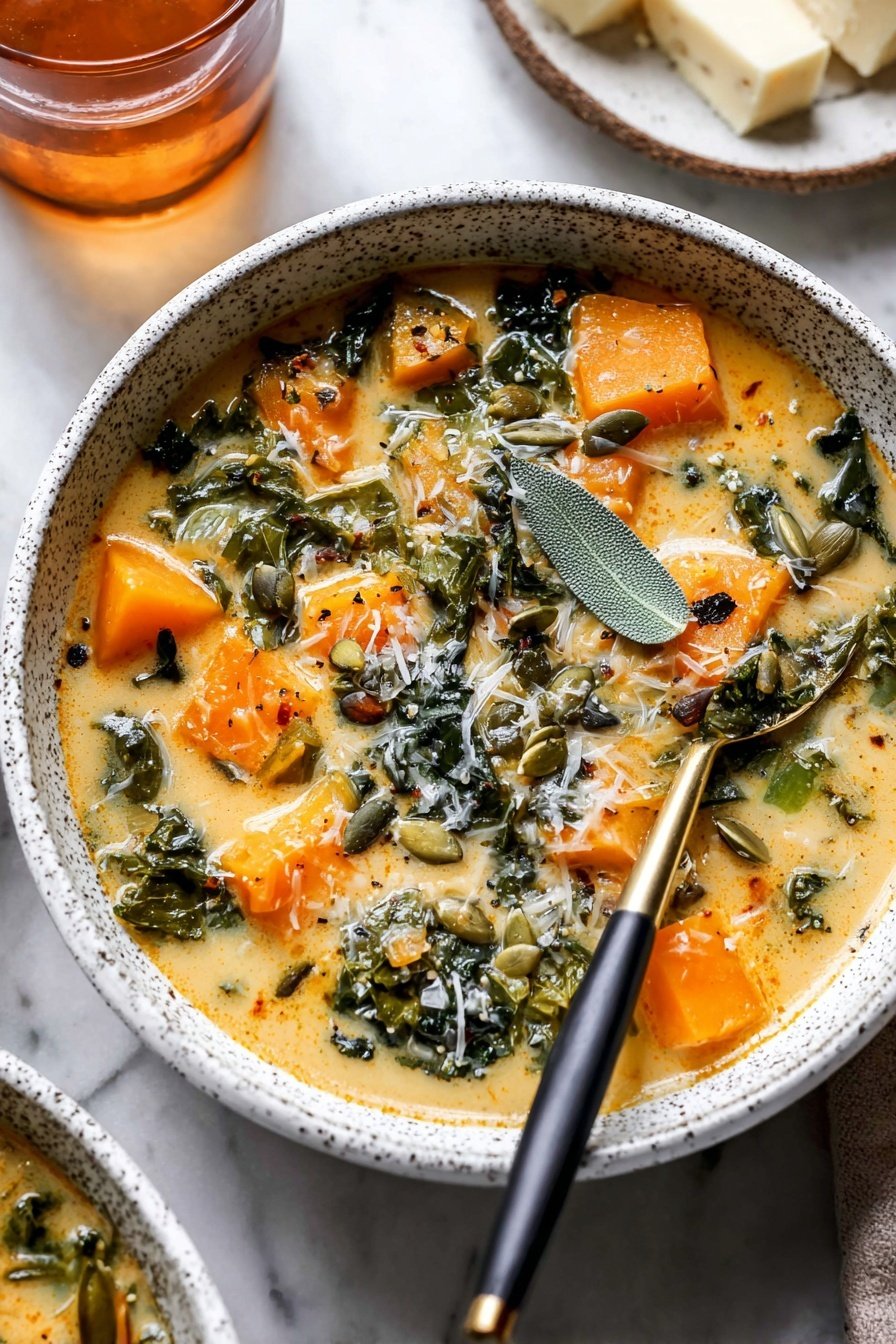 Butternut Squash, Kale, and White Bean Soup, healthy butternut squash soup, hearty vegetable soup, vegan friendly soup, cozy fall soup - A white speckled bowl filled with a creamy soup that has large chunks of bright orange squash and dark green leafy vegetables scattered throughout. The soup has a light orange broth with some fresh grated cheese and pumpkin seeds sprinkled on top. There’s a single sage leaf in the middle and black pepper specks are visible on the surface. A spoon with a black handle and gold tip rests inside the bowl. The bowl is placed on a white marbled surface, with a part of a white plate holding cheese pieces seen in the background, and a glass filled with an amber drink nearby photo taken with an iphone --ar 2:3 --v 7