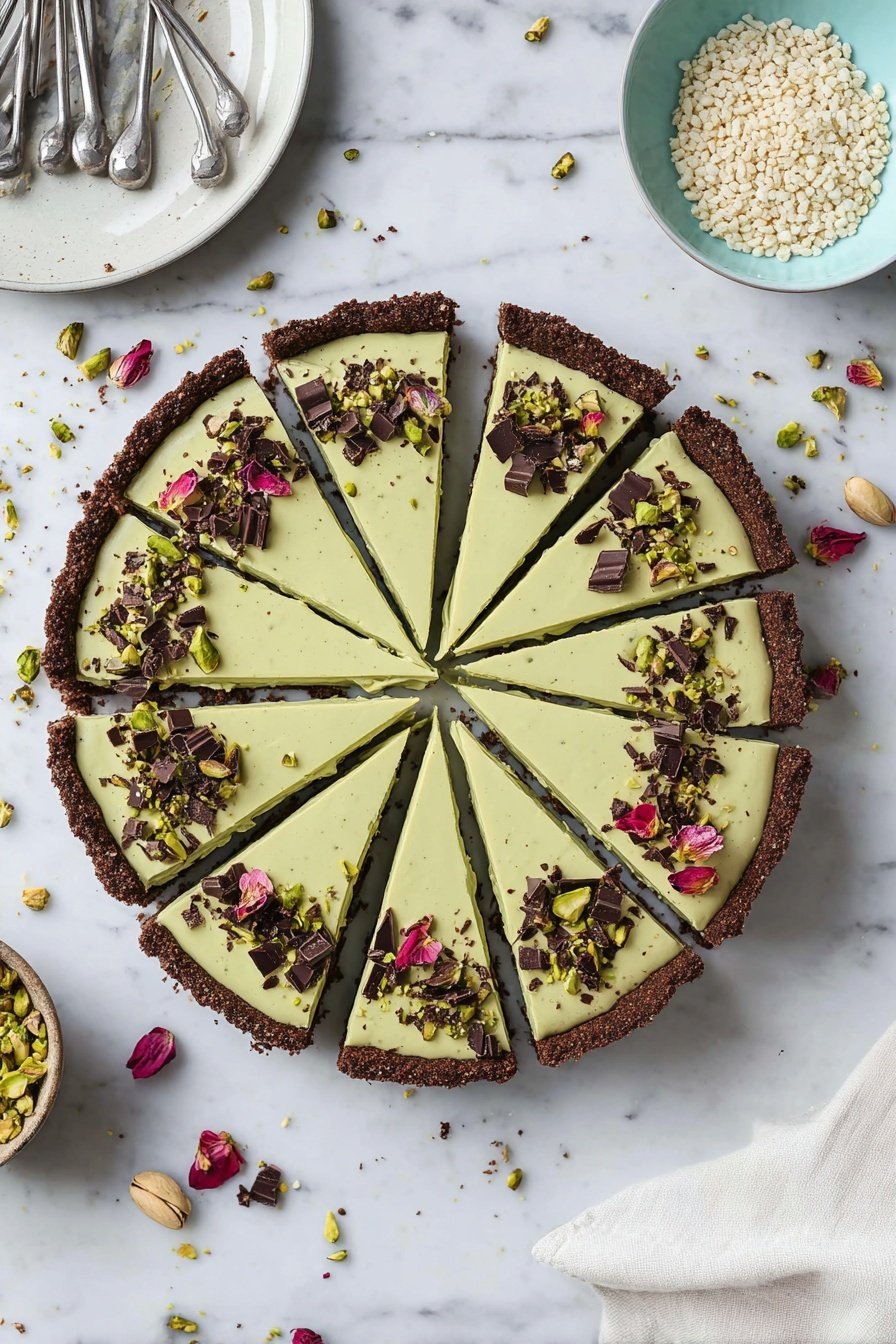 Pistachio Tart, pistachio tart recipe, gluten-free pistachio tart, healthy pistachio tart, nutty dessert - The image shows a round pie sliced into ten pieces. The pie has a thick dark brown crust around the edges. Inside the crust is a light green creamy layer, smooth and even. On top, each slice is decorated with small green pistachio pieces, dark chocolate shavings, and some small pink flower petals. The pie sits on a white marbled surface with some scattered pistachio bits and chocolate around it. Nearby, there is a white plate with metal spoons holding puffed white grains, and a light blue bowl with chopped pistachios. A white cloth napkin is partially visible on the right side. Photo taken with an iphone --ar 2:3 --v 7