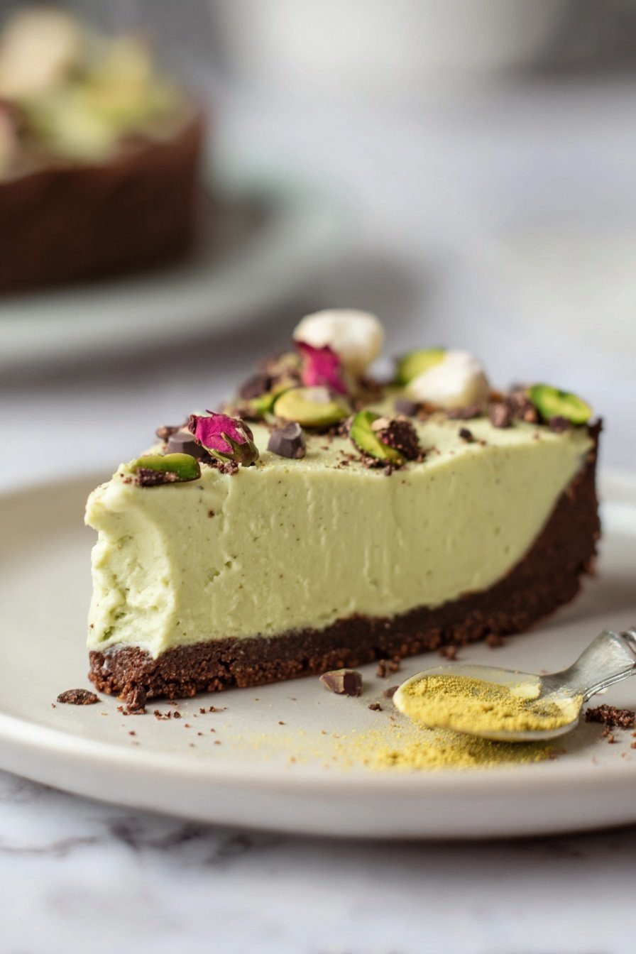 Pistachio Tart, pistachio tart recipe, gluten-free pistachio tart, healthy pistachio tart, nutty dessert - A close-up view of a slice of pie on a white plate with a white marbled background. The pie has two layers: a thick, dark brown crust at the bottom and side, and a thick, creamy pale green filling on top. The creamy layer looks smooth with a soft texture. The top of the pie slice is decorated with small green pistachio pieces, tiny white round pearls, dark brown crumbs, and small pink flower petals. To the right side on the plate, there is a spoon with some yellow powder on it. Photo taken with an iphone --ar 2:3 --v 7