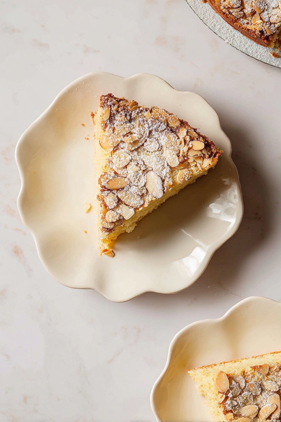 Cardamom Almond Cake, almond cake with cardamom, nutty spiced cake, fragrant almond cake recipe, toasted almond cake - The image shows two slices of almond-topped cake on small white plates with scalloped edges, placed on a white marbled surface. Each cake slice has a golden brown crust with a layer of toasted almond flakes on top, dusted lightly with powdered sugar. The almond pieces add a textured, slightly uneven surface, and the inside of the cake looks soft and moist with a pale yellow color. The slices are positioned diagonally on the plates, with one slice fully visible in the center and the other partially visible at the top right corner. photo taken with an iphone --ar 2:3 --v 7