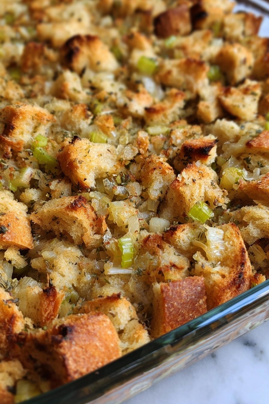 Homemade Stuffing, classic stuffing recipe, holiday stuffing, savory stuffing recipe, easy stuffing for Thanksgiving - A close-up view of a single-layer dish in a clear glass baking dish showing a mix of toasted bread pieces in light to golden brown colors, mixed with small chopped green celery pieces and bits of translucent cooked onions, all unevenly textured and lightly browned on top. The surface underneath the dish is a white marbled texture. photo taken with an iphone --ar 2:3 --v 7