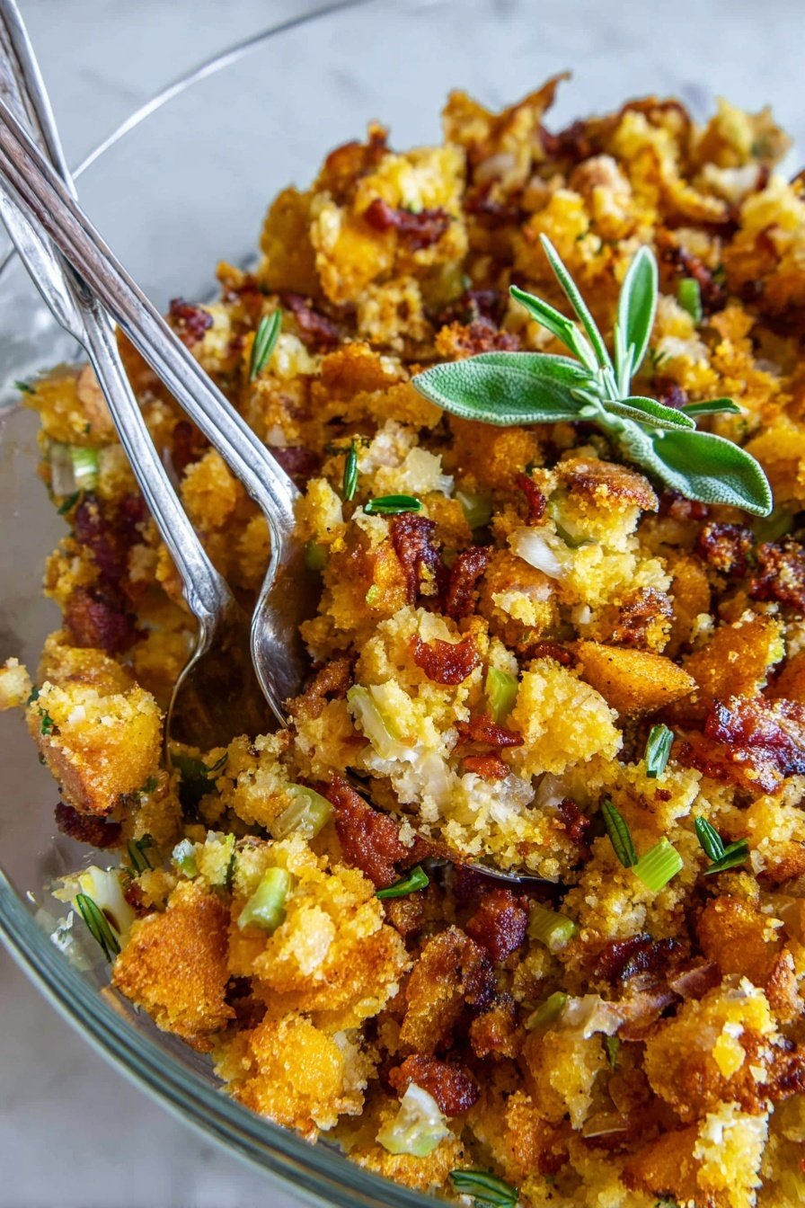 Bacon Cornbread Stuffing, holiday stuffing with bacon, cornbread stuffing recipes, savory bacon stuffing, easy cornbread stuffing ideas - The dish shows a close-up of a cooked mixture in a clear glass bowl resting on a white marbled surface. The mix has golden yellow and crispy textured chunks with some darker browned edges scattered throughout. Among these pieces are small reddish-brown bits that look like cooked meat, and bits of green herbs sprinkled across the top. There are also lighter green pieces of vegetables dispersed in the dish. Two silver spoons are placed inside the bowl, one angled slightly in the center and the other towards the left edge, shining under the light. Near the center is a small green leaf garnish adding a fresh touch. The overall look is warm and inviting, with a mix of crispy and soft textures. photo taken with an iphone --ar 2:3 --v 7