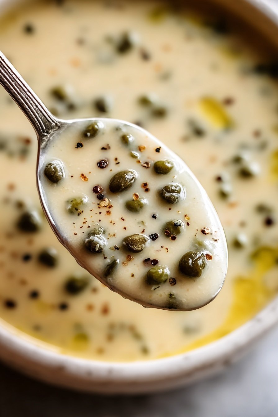 Simple Lemon Capers Sauce, lemon capers sauce, lemon sauce for fish and chicken, quick lemon caper sauce, versatile lemon capers sauce - A close-up view of a creamy sauce with small green capers and black pepper flakes evenly spread throughout. The sauce is light beige in color and has a smooth, slightly thick texture that glistens under the light. A silver spoon is holding a portion of the sauce, showing the capers and seasoning clearly. The background shows more sauce with the same ingredients, all placed on a white marbled surface. photo taken with an iphone --ar 2:3 --v 7