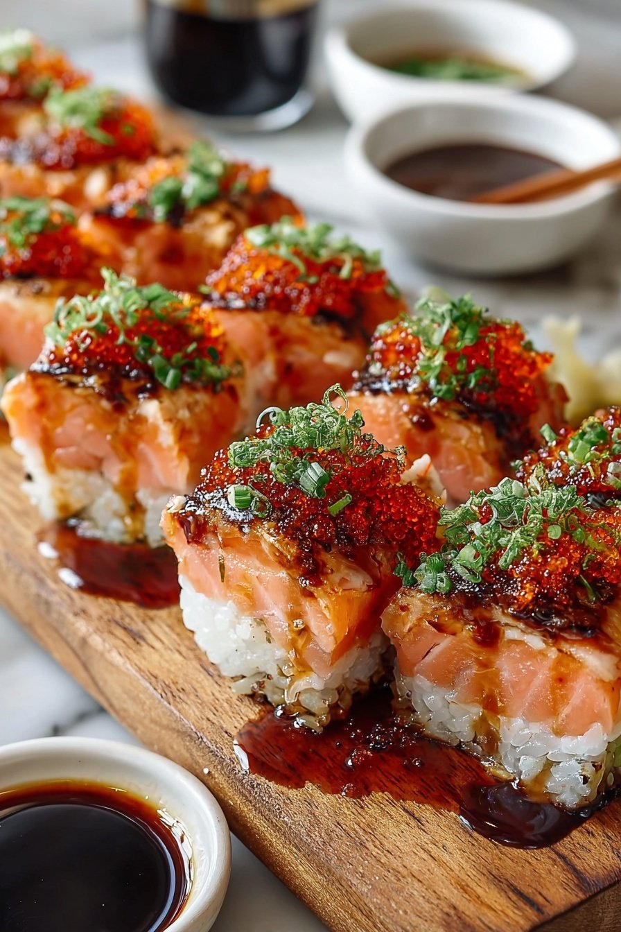 Spicy Salmon Sushi Bake, sushi bake recipe, baked salmon sushi, easy sushi dinner, salmon sushi casserole - The image shows sushi pieces arranged on a wooden board, each piece having three main layers: the bottom white rice layer, a thick pink salmon layer on top, and a final layer of dark red-orange fish roe with green chopped herbs sprinkled all over. The sushi is drizzled with a dark brown sauce that pools slightly on the wooden board. In the background, there are small white bowls, one containing a dark liquid and the others holding various condiments, all placed on a white marbled surface. Photo taken with an iphone --ar 2:3 --v 7