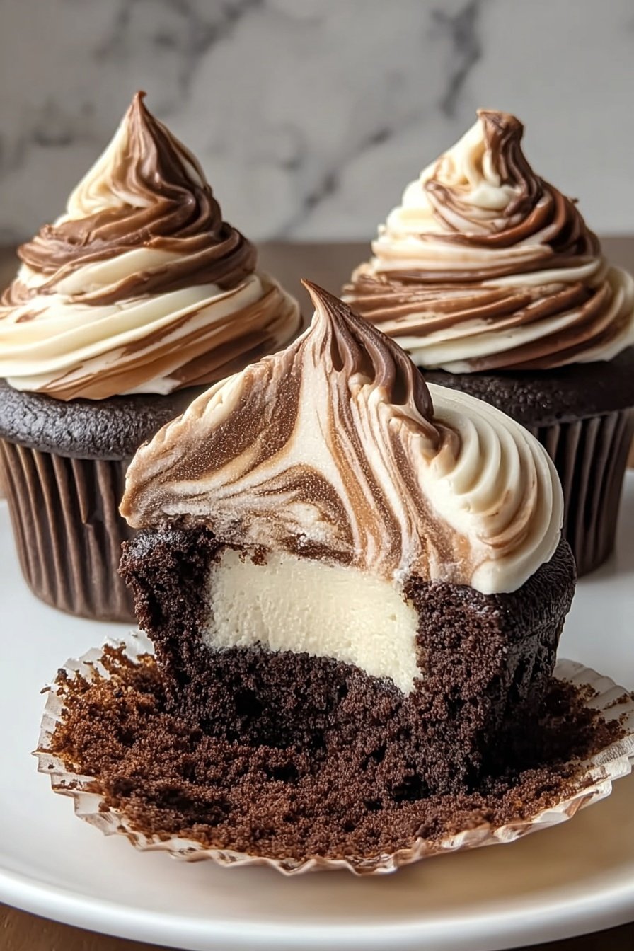 Chocolate Coffee Cream Cupcakes with Ganache Topping, chocolate coffee cupcakes, coffee filled cupcakes, ganache topped cupcakes, chocolate coffee dessert - The image shows three chocolate cupcakes on a white plate with a white marbled surface background. Each cupcake has a dark chocolate base and is topped with a tall swirl of frosting that is mixed with both white and dark chocolate colors, giving a smooth, creamy texture with a twisted pattern. The front cupcake is cut to show its inside, revealing a thick layer of white and dark chocolate swirled frosting on top of the moist dark chocolate cake. The other two cupcakes stand whole behind it, showing their full swirled frosting peaks. Photo taken with an iphone --ar 2:3 --v 7