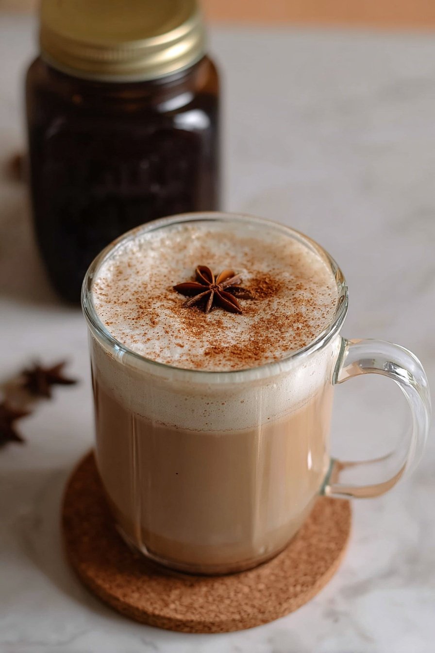 Gingerbread Syrup for Coffee, holiday coffee syrup, easy gingerbread syrup, winter coffee flavor, festive coffee syrup - A clear glass jar with a gold lid filled almost to the top with dark brown gingerbread syrup sits on a round cork mat. The jar has two black labels with white letters that read