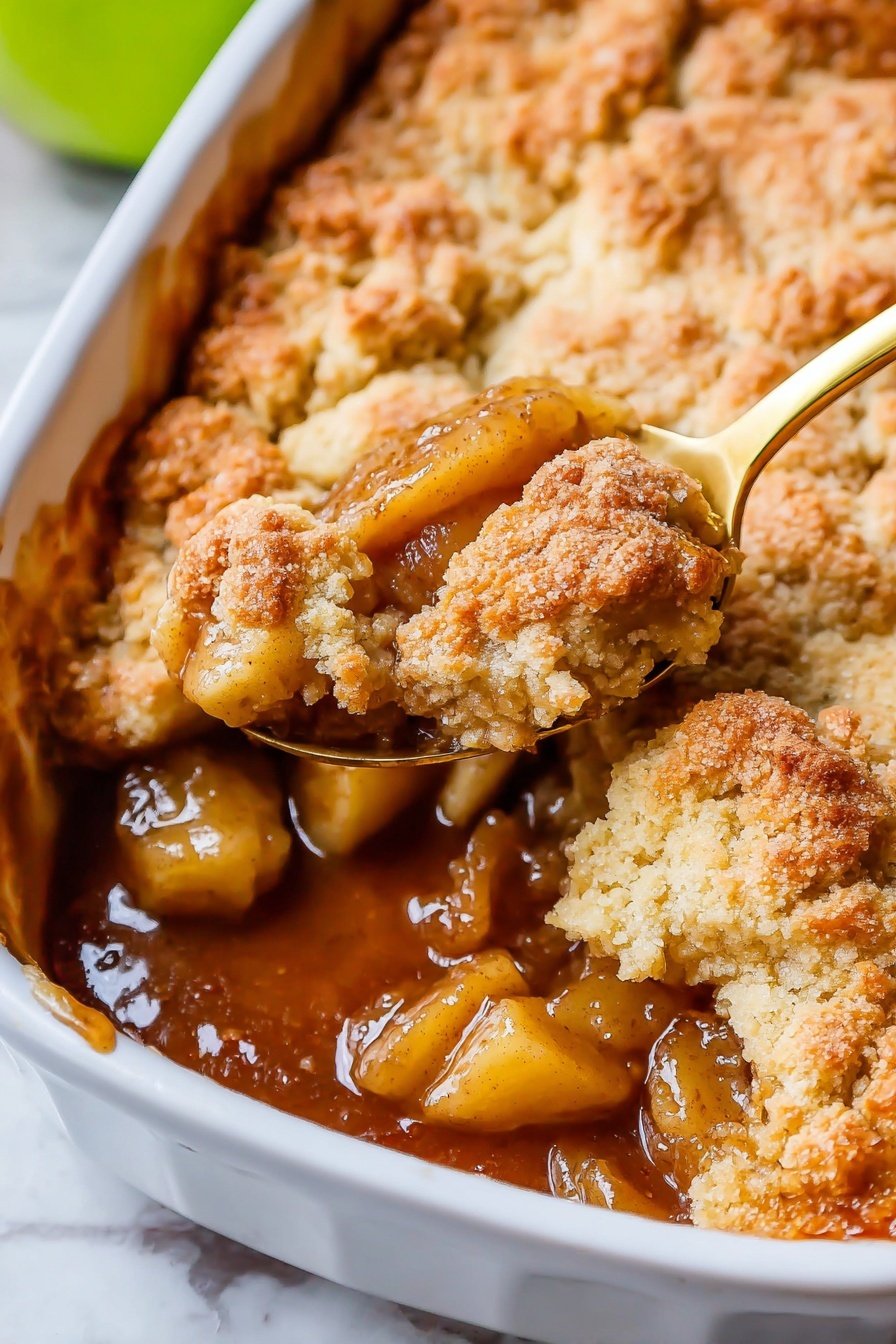 Easy Apple Cobbler with Crispy Topping and Vanilla Ice Cream, apple cobbler dessert, quick apple cobbler recipe, homemade apple cobbler, apple desserts easy - The image shows a white baking dish filled with a warm apple cobbler. The top layer is golden brown with a textured, crumbly crust that looks light and fluffy. Beneath the crust, there is a layer of soft apple pieces mixed in a thick, shiny, cinnamon-spiced sauce that is a rich brown color. The sauce is bubbling slightly around the edges, with some sticking to the sides of the dish. A gold spoon is scooping into the filling on the left side, showing the apple chunks and sauce clearly. The dish sits on a white marbled surface with a green apple partially visible in the background. photo taken with an iphone --ar 2:3 --v 7