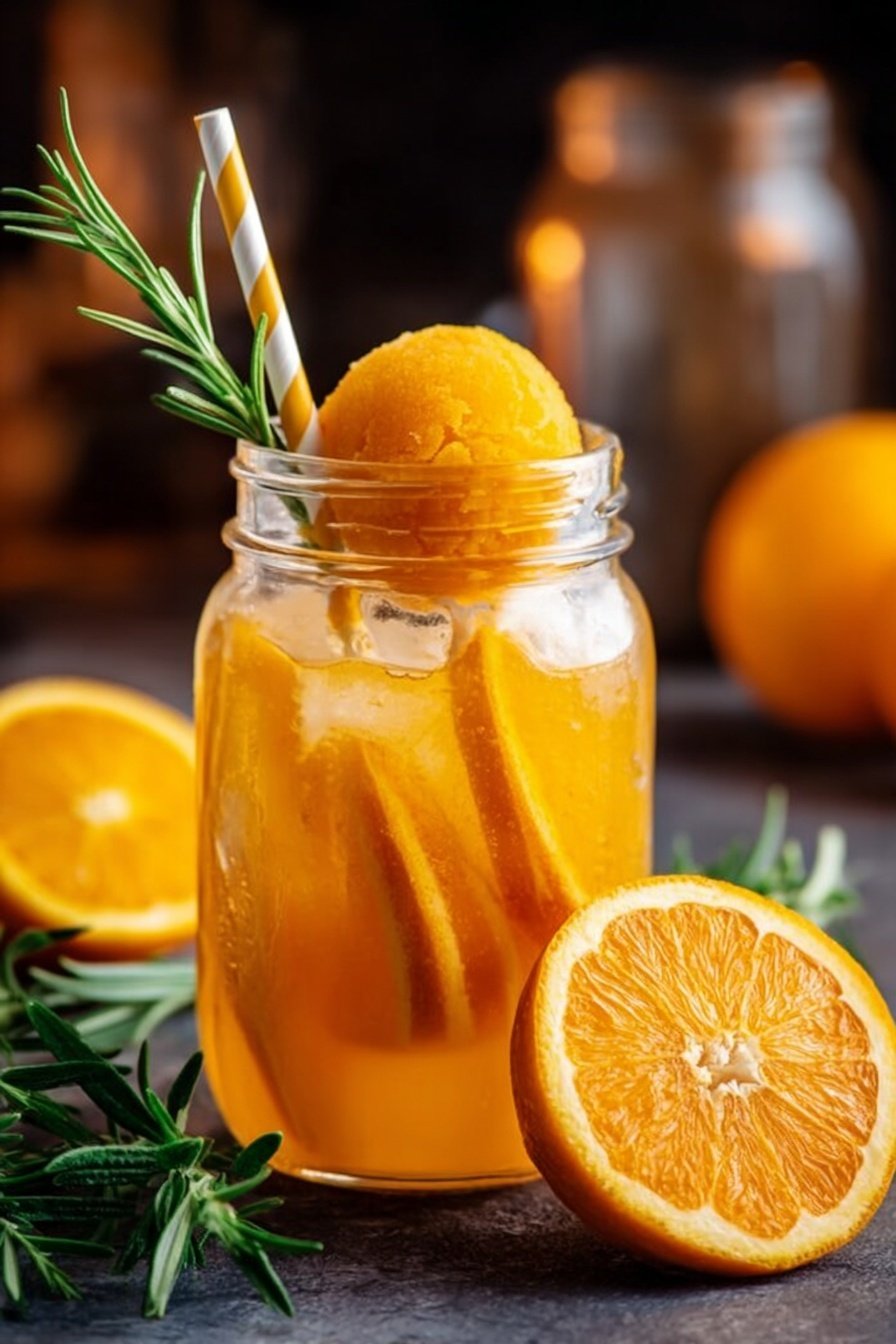 Orange Rosemary Iced Tea, herbal citrus iced tea, homemade flavored iced tea, refreshing summer beverages, easy iced tea recipes - A clear glass jar filled with a bright orange drink that looks refreshing and cool. Inside the jar, you can see two thin orange slices floating near the top, and a thick scoop of orange sorbet on the surface. A white and yellow striped straw is inserted into the jar. The jar is placed on a dark surface with sprigs of fresh green rosemary next to it. In front of the jar, there are two round orange halves showing their juicy, textured inside. The background is gently blurred with warm light hints. Photo taken with an iphone --ar 2:3 --v 7