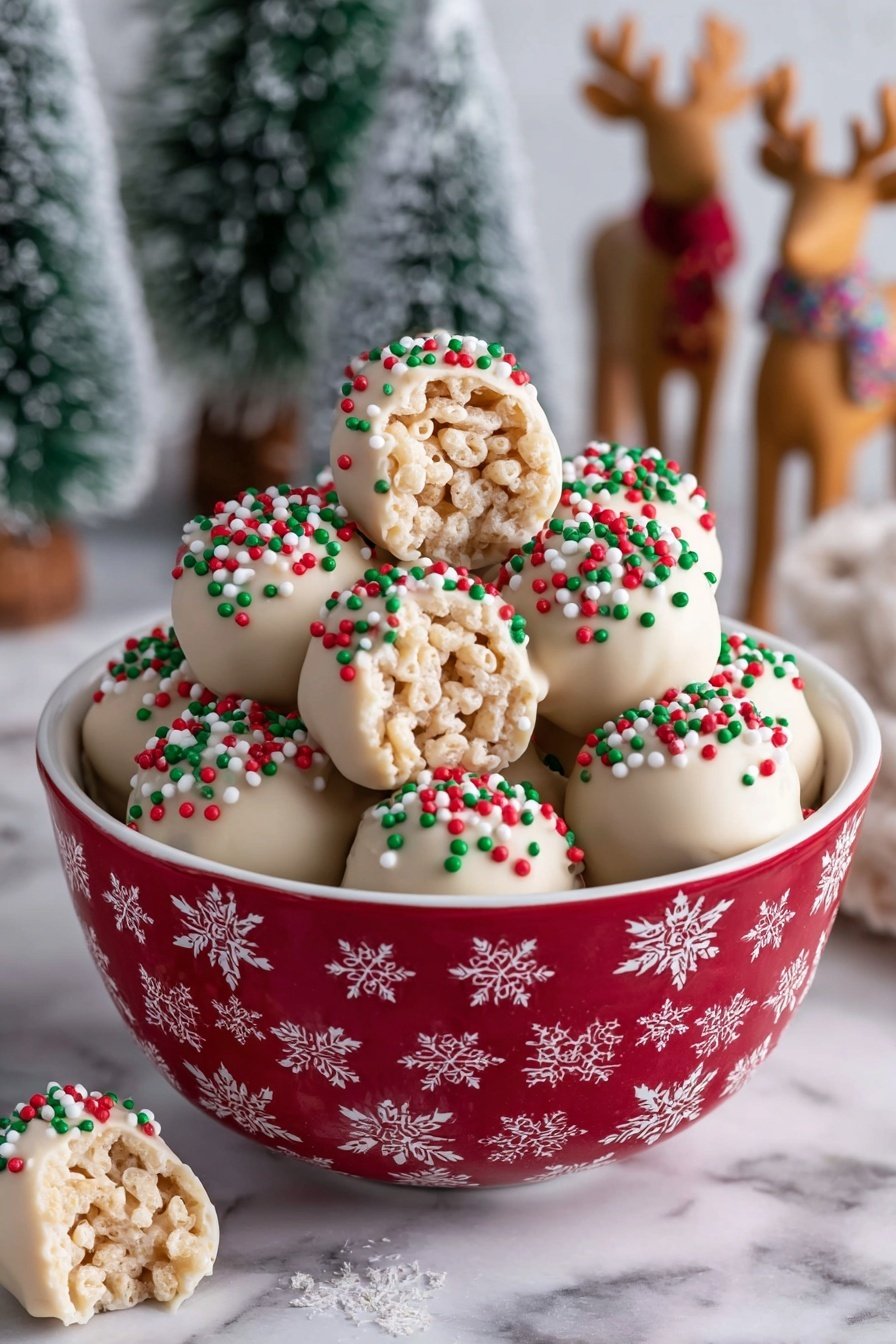 Christmas Rice Krispie Treats, festive holiday dessert, easy Christmas treats, popcorn and marshmallow bars, white chocolate holiday snacks - The image shows many round balls covered in smooth white coating with a sprinkle of small red, green, and white round sprinkles on top, giving a festive look. One ball is open in the center, showing a light, airy, and crunchy inner layer. The balls are placed close together on a white plate with a red and green rim, all set on a white marbled surface. The texture of the inner layer looks crispy and bubbly, while the white coating is shiny and smooth. photo taken with an iphone --ar 2:3 --v 7