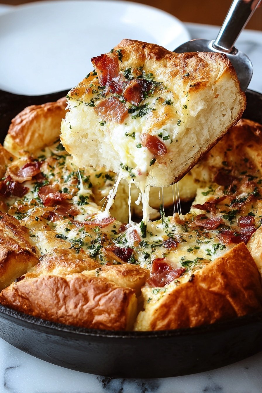 Savory Cheddar & Bacon Dutch Baby, savory Dutch baby pancake, bacon and cheddar breakfast, easy brunch recipes, crispy bacon skillet dish - A thick, golden-brown puffed crust surrounds a creamy inside filled with melted cheese, chopped bacon, and green herbs. A woman's hand is lifting one square piece with a shiny metal spatula, showing the melted cheese stretching as it pulls away from the pan. The dish is served in a black cast iron pan sitting on a white marbled surface. The cheese in the inside layer looks soft and gooey, mixed with small bits of crispy bacon and specks of green herbs, while the crust is puffy and browned on the edges, giving it a crispy look. photo taken with an iphone --ar 2:3 --v 7
