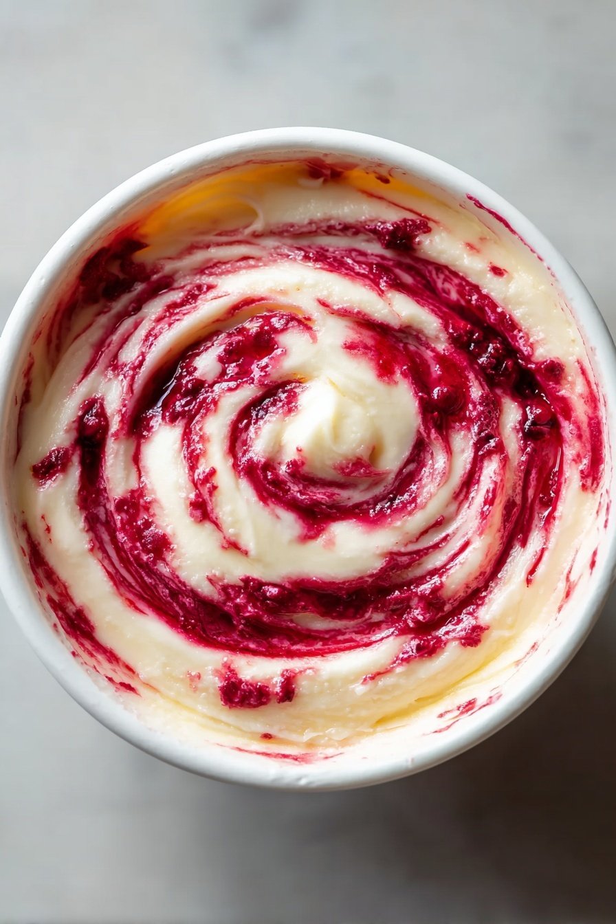 Christmas Cranberry Honey Butter, holiday cranberry butter, festive honey spread, homemade cranberry butter, Christmas breakfast spread - A white bowl filled with creamy, smooth white spread swirled with bright red berry sauce, forming a spiral pattern from the center to the edges. The swirl has thick, textured red streaks mixed evenly with the soft cream, creating a marbled effect with small berry pieces. The bowl sits on a white marbled surface, and the lighting highlights the creamy texture and vibrant color contrast. photo taken with an iphone --ar 2:3 --v 7