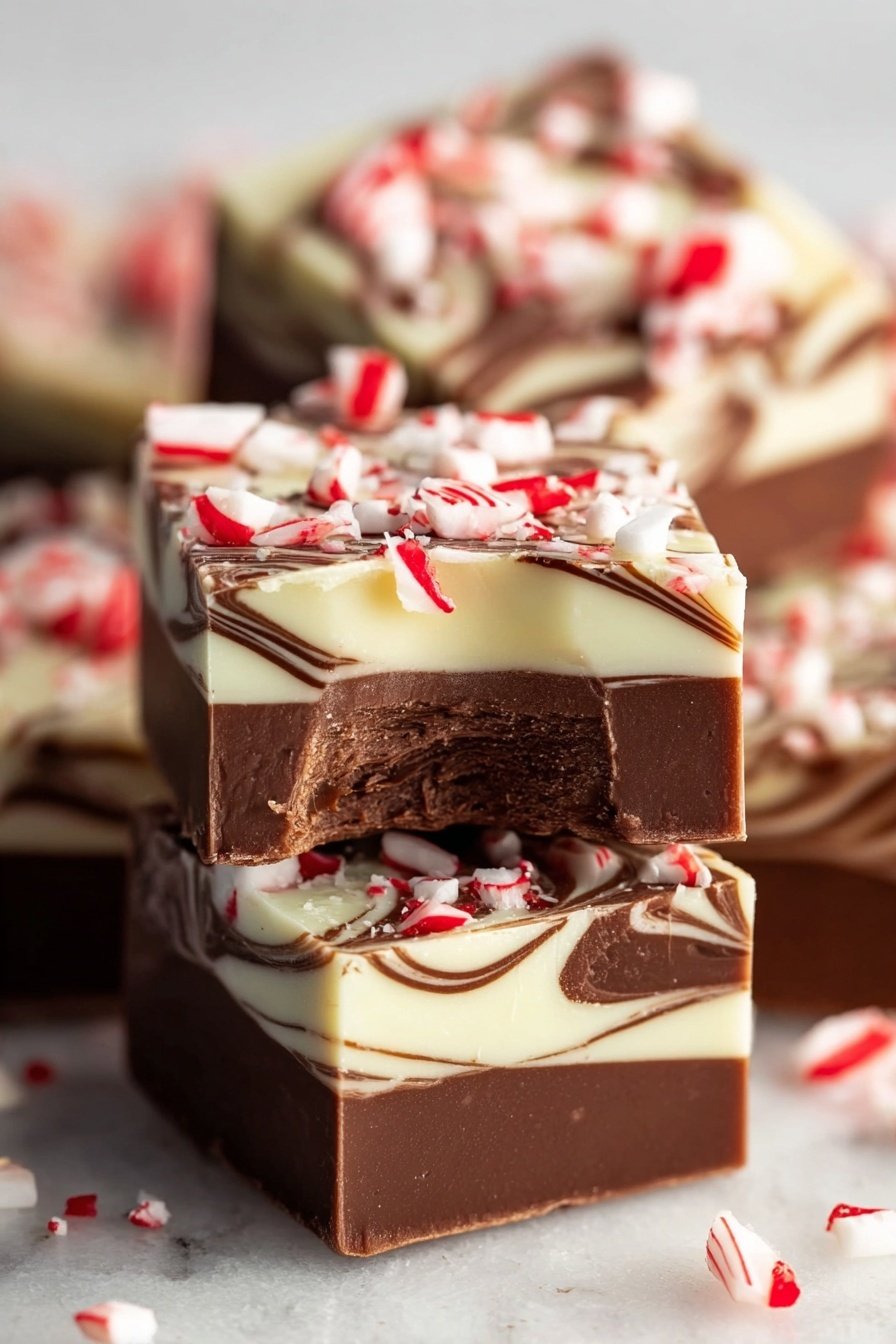 Peppermint Swirl Fudge, peppermint fudge recipe, holiday peppermint fudge, easy peppermint fudge, festive peppermint treats - The image shows square pieces of fudge stacked on a white marbled surface. Each piece has three visible layers: a smooth dark brown chocolate layer on top and bottom, with a creamy white layer in the middle, all swirled together creating a marbled pattern. The top surface of each fudge square is covered with broken peppermint candy pieces that are white with red stripes. One piece in the middle has a bite taken out, showing the creamy inside texture clearly. The background is softly blurred, highlighting the fudge squares in the front. Photo taken with an iphone --ar 2:3 --v 7