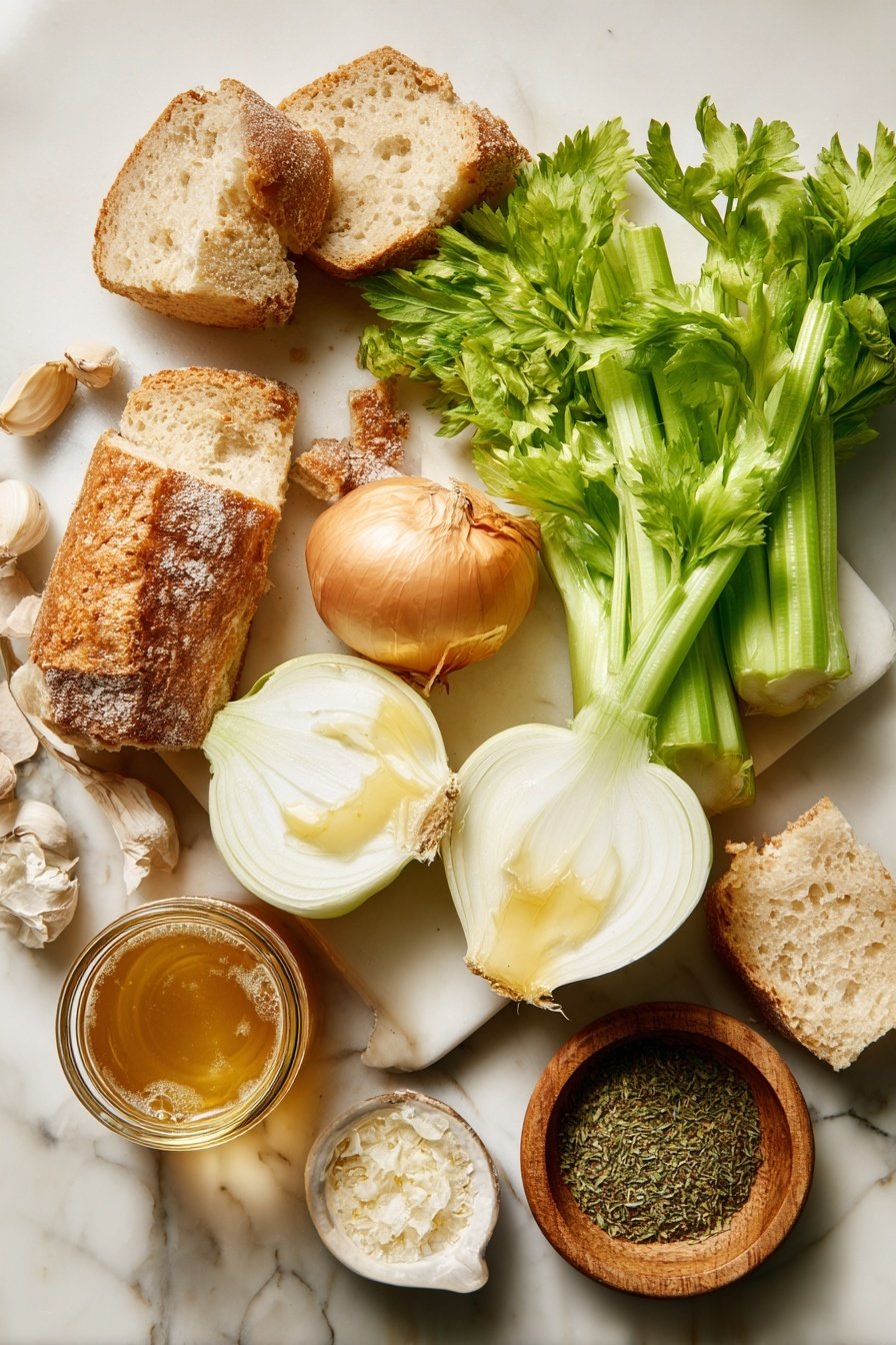 Homemade Stuffing, classic stuffing recipe, holiday stuffing, savory stuffing recipe, easy stuffing for Thanksgiving - Flat lay of torn rustic bread pieces, fresh green celery sticks with leafy tops, a medium white onion cut in half showing its layers, a small pool of melted golden butter, and a glass jar of rich chicken stock, alongside a small wooden bowl of poultry seasoning herbs, all beautifully arranged on a white marble surface, photo taken with an iphone --ar 2:3 --v 7