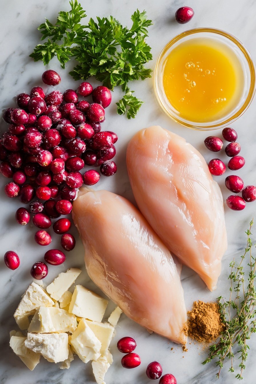 Impressive Cranberry Brie Stuffed Chicken, Cranberry Brie Chicken, Stuffed Chicken Breast with Cranberries and Brie, Elegant Chicken Dinner, Easy Holiday Chicken - Flat lay of two raw boneless, skinless chicken breasts, a small pile of fresh bright red cranberries, soft wedges of creamy brie cheese with rind removed, a drizzle of golden honey, a small clear splash of vibrant orange juice, scattered ground cinnamon and ground ginger powders, and a handful of fresh chopped green parsley leaves, all beautifully arranged and placed on a white marble surface, photo taken with an iphone --ar 2:3 --v 7