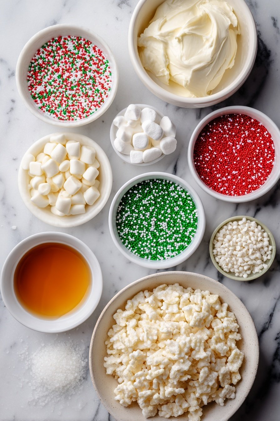 Christmas Rice Krispie Treats, festive holiday dessert, easy Christmas treats, popcorn and marshmallow bars, white chocolate holiday snacks - Flat lay of puffed rice cereal, mini marshmallows, smooth white chocolate chips, bright red, green, and white nonpareil sprinkles, creamy unsalted butter, glossy marshmallow fluff, a small pool of coconut oil, and a splash of vanilla extract droplets, all beautifully arranged to showcase their textures and colors, placed on a white marble surface, photo taken with an iphone --ar 2:3 --v 7