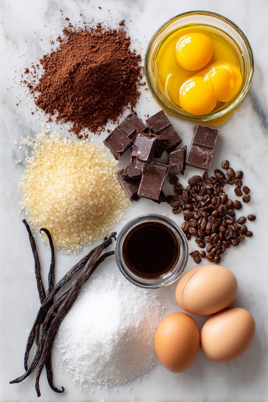 Chocolate Coffee Cream Cupcakes with Ganache Topping, chocolate coffee cupcakes, coffee filled cupcakes, ganache topped cupcakes, chocolate coffee dessert - Flat lay of unsweetened cocoa powder in a small pile, glossy dark chocolate chunks, instant coffee granules scattered neatly, brown sugar with golden crystals, granulated sugar in a small mound, large cracked eggs showing bright yolks, a small glass of brewed coffee with dark rich color, fresh whole vanilla beans, and a splash of milk arranged with balance and care, placed on a white marble surface, photo taken with an iphone --ar 2:3 --v 7