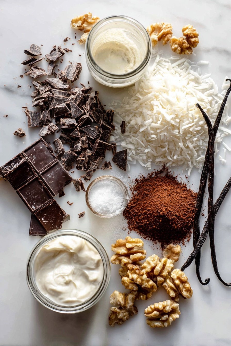 Chocolate Truffles, Chocolate Truffles Recipe, Easy Chocolate Truffles, Homemade Chocolate Truffles, Decadent Chocolate Treats - Flat lay of finely chopped dark chocolate pieces, a small glass jar of thick heavy cream, whole vanilla beans alongside a small dish of pure vanilla extract, a delicate pinch of sea salt crystals, smooth piles of rich cocoa powder, scattered raw walnuts and shredded coconut flakes, all beautifully arranged with balanced spacing and natural light, placed on a white marble surface, photo taken with an iphone --ar 2:3 --v 7