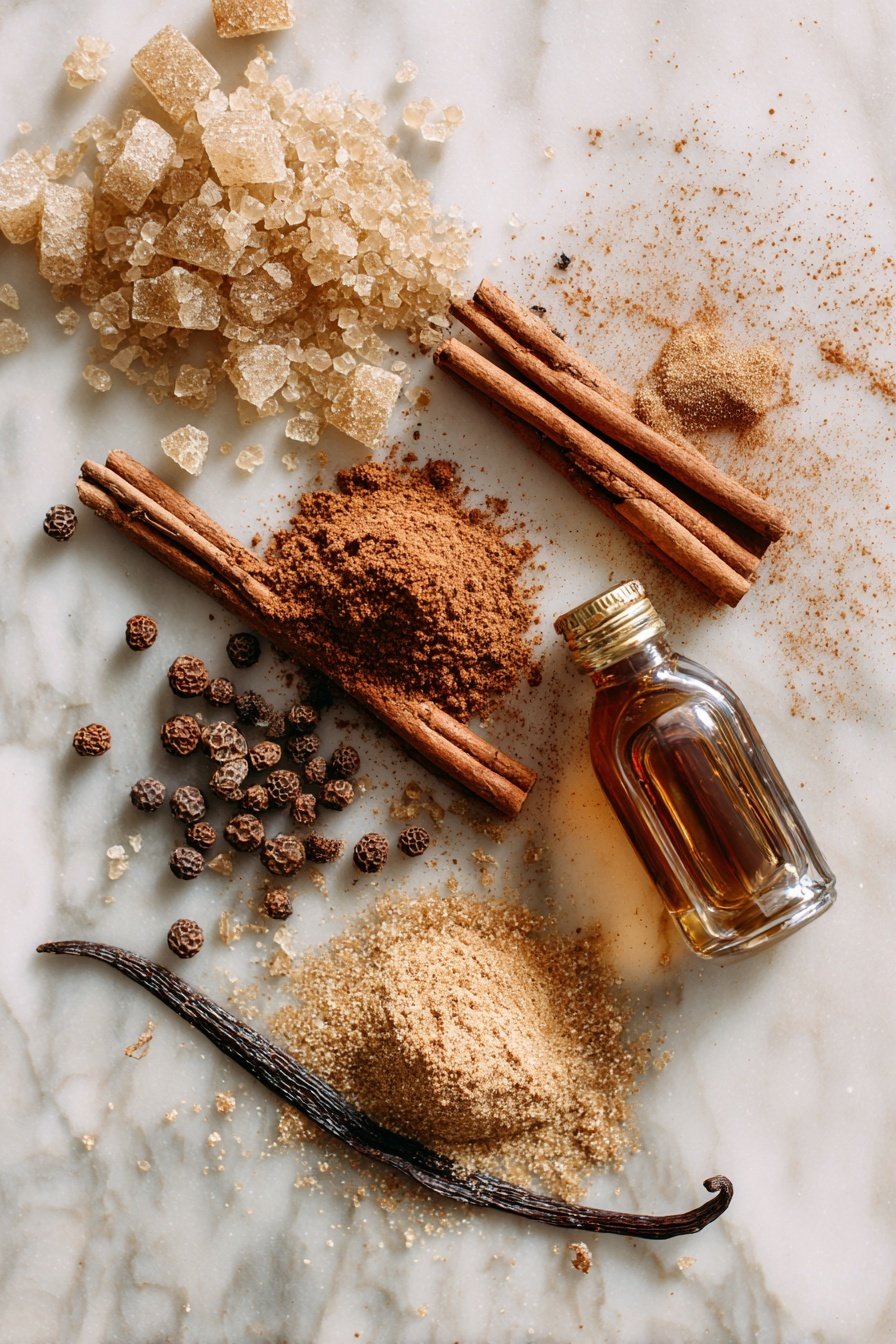 Gingerbread Syrup for Coffee, holiday coffee syrup, easy gingerbread syrup, winter coffee flavor, festive coffee syrup - Flat lay of rich brown sugar crystals in a small pile, glossy dark molasses drizzled beside it, warm golden ground ginger dusted artistically, cinnamon sticks arranged neatly, a small heap of fine nutmeg powder, a scattering of whole allspice berries, and a glass bottle of vanilla extract with a subtle amber hue, all placed on a white marble surface, photo taken with an iphone --ar 2:3 --v 7