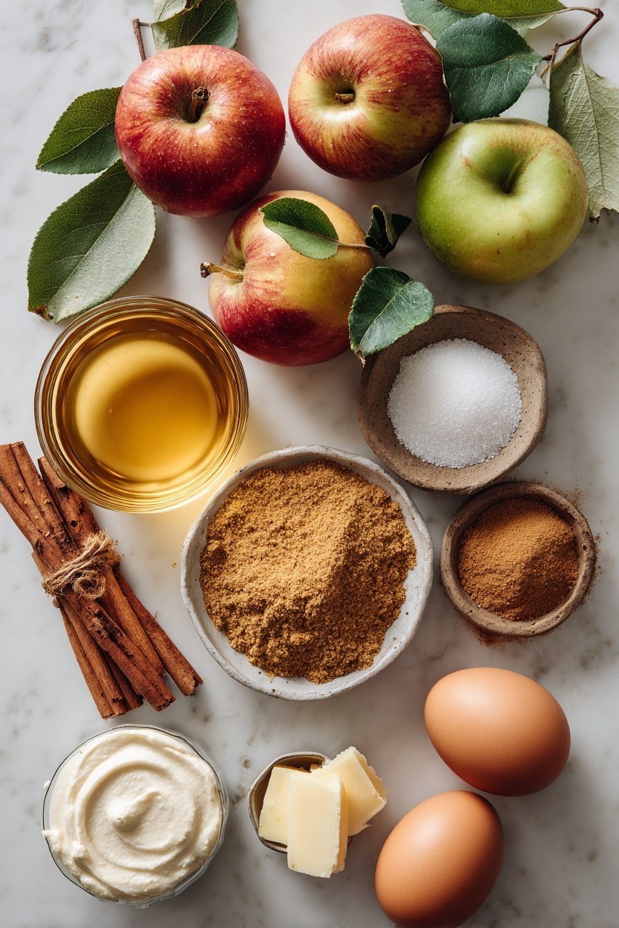 Apple Cider Cinnamon Bread, Fall Loaf Recipe, Cozy Autumn Baked Goods, Spiced Bread with Apple Cider, Easy Fall Baking - Flat lay of fresh whole apples with green leaves, cinnamon sticks bundled together, a small pile of ground cinnamon and nutmeg powders, a clear glass of golden apple cider, a pat of creamy unsalted butter, brown sugar crystals heaped in a bowl, white granulated sugar spilled artistically, two large brown eggs with smooth shells, and a dollop of thick sour cream swirled gently, all beautifully arranged on a white marble surface, photo taken with an iphone --ar 2:3 --v 7
