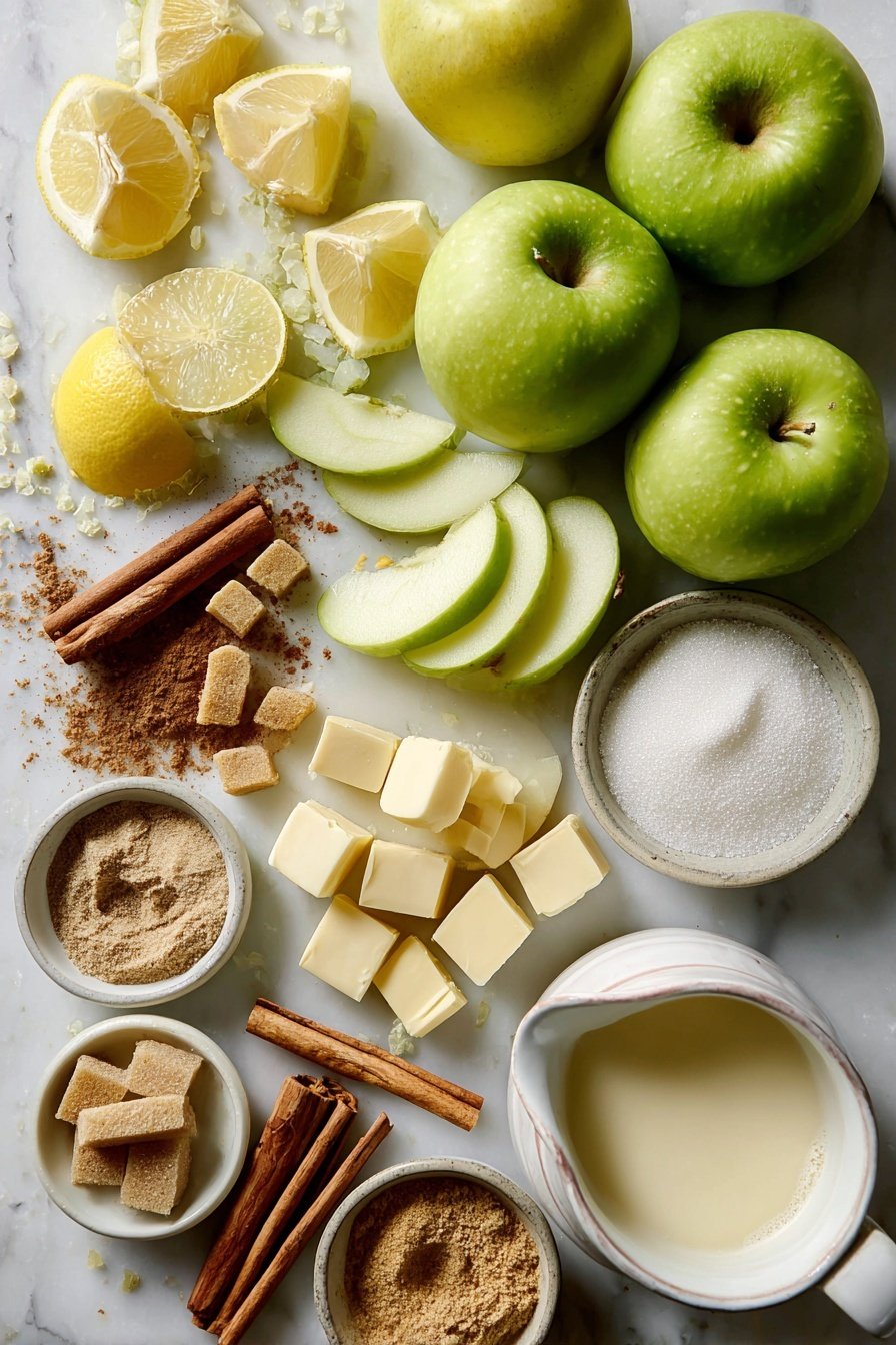 Easy Apple Cobbler with Crispy Topping and Vanilla Ice Cream, apple cobbler dessert, quick apple cobbler recipe, homemade apple cobbler, apple desserts easy - Flat lay of a variety of fresh apples including Granny Smith, Gala, and Golden Delicious beautifully sliced thin, whole bright green lemon halves with zest sprinkled nearby, small piles of packed brown sugar and granulated sugar, warm cinnamon sticks alongside ground nutmeg and cardamom pods, chunks of cold butter, and a small pitcher of creamy buttermilk, all carefully arranged on a white marble surface, photo taken with an iphone --ar 2:3 --v 7