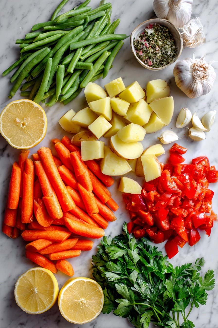 Easy Vegetable Soup, healthy vegetable soup, quick veggie soup recipe, wholesome vegetable soup, beginner-friendly vegetable soup - Flat lay of peeled and sliced bright orange carrots, fresh green celery ribs cut into sticks, diced golden Yukon gold potatoes, whole garlic cloves and some minced garlic, vibrant fresh green beans chopped into pieces, ripe red diced tomatoes still juicy, a handful of fresh flat-leaf parsley leaves, and fresh lemon halves cut to show the juicy interior, placed on a white marble surface, photo taken with an iphone --ar 2:3 --v 7