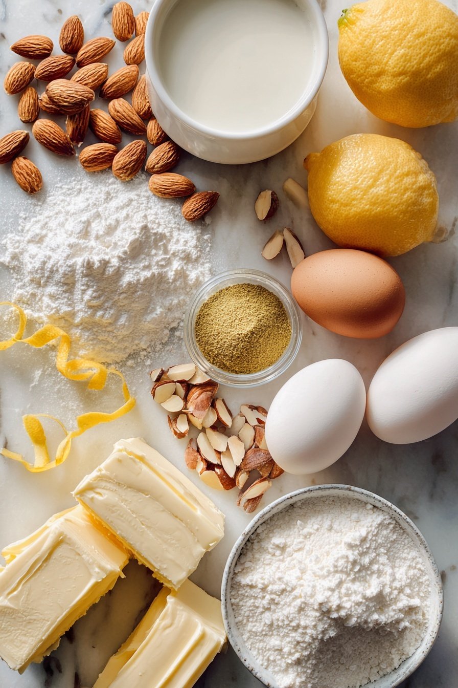 Cardamom Almond Cake, almond cake with cardamom, nutty spiced cake, fragrant almond cake recipe, toasted almond cake - Flat lay of sliced almonds scattered next to a whole lemon with bright zest strips, a small heap of ground cardamom powder, golden unsalted butter blocks, two fresh eggs with smooth shells, a mound of granulated sugar sparkling, a cup of creamy buttermilk with soft white texture, all beautifully arranged in harmony, placed on a white marble surface, photo taken with an iphone --ar 2:3 --v 7