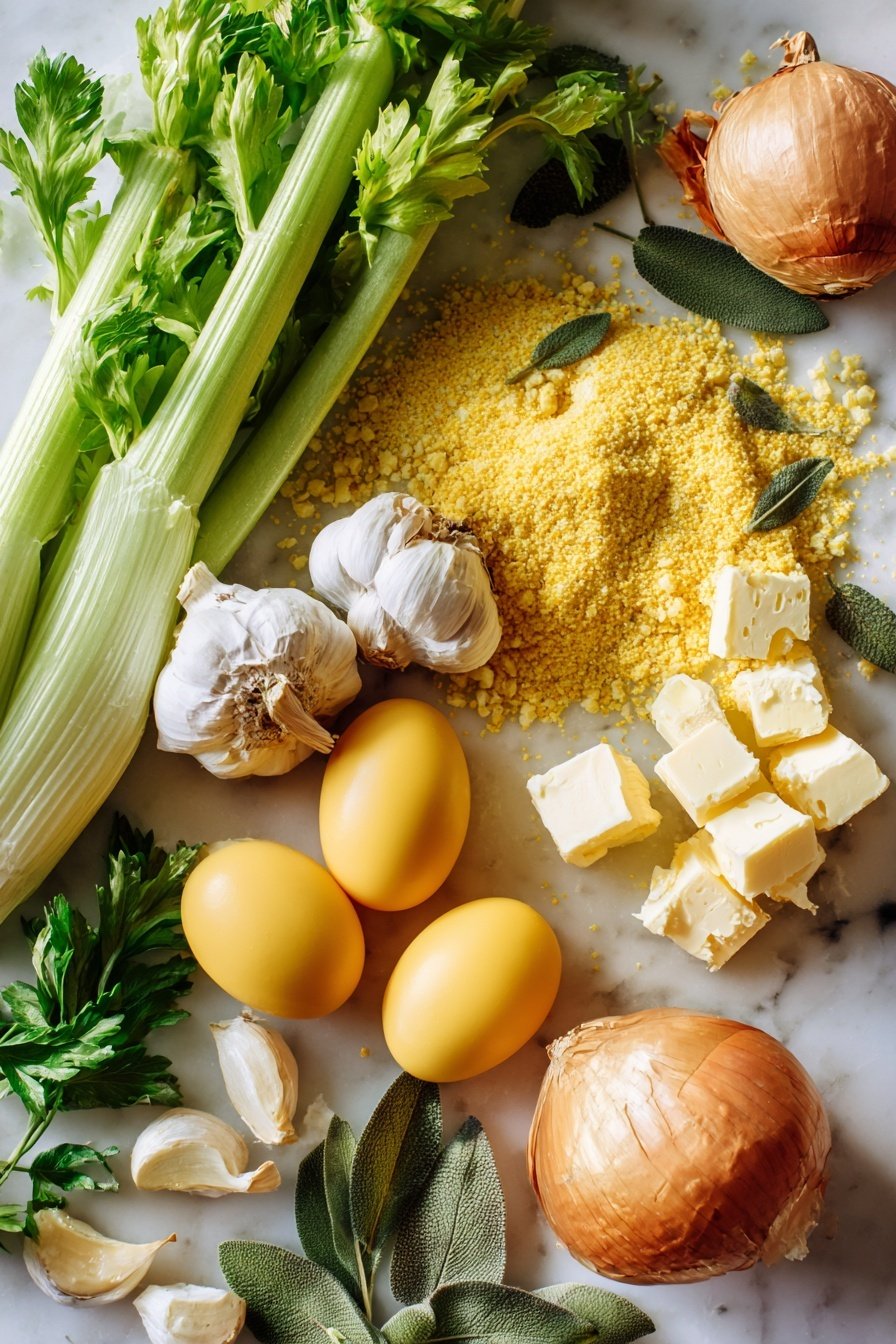 Cornbread Dressing, delicious cornbread stuffing, flavorful holiday side dish, moist cornbread casserole, savory dressing recipes - Flat lay of golden yellow cornmeal, bright yellow whole eggs, peeled garlic cloves, a large fresh yellow onion, crisp celery stalk with leaves, fresh green parsley sprigs, dried sage leaves, and small cubes of soft unsalted butter, all beautifully arranged on a white marble surface, photo taken with an iphone --ar 2:3 --v 7