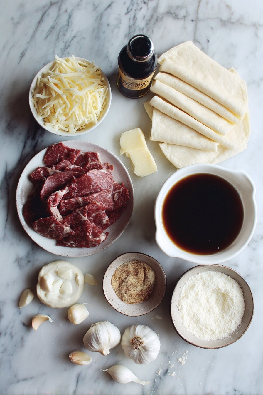 French Dip Squares, French Dip Squares Recipe, easy French dip appetizer, savory snack ideas, crowd-pleasing party appetizer - Flat lay of thinly sliced roast beef, shredded Swiss cheese, dry onion soup mix in a small pile, crescent roll dough sheets gently unrolled, melted butter in a small drizzle, a small bowl of beef broth, Worcestershire sauce bottle beside fresh garlic cloves and powdered garlic scattered artistically, placed on a white marble surface, photo taken with an iphone --ar 2:3 --v 7