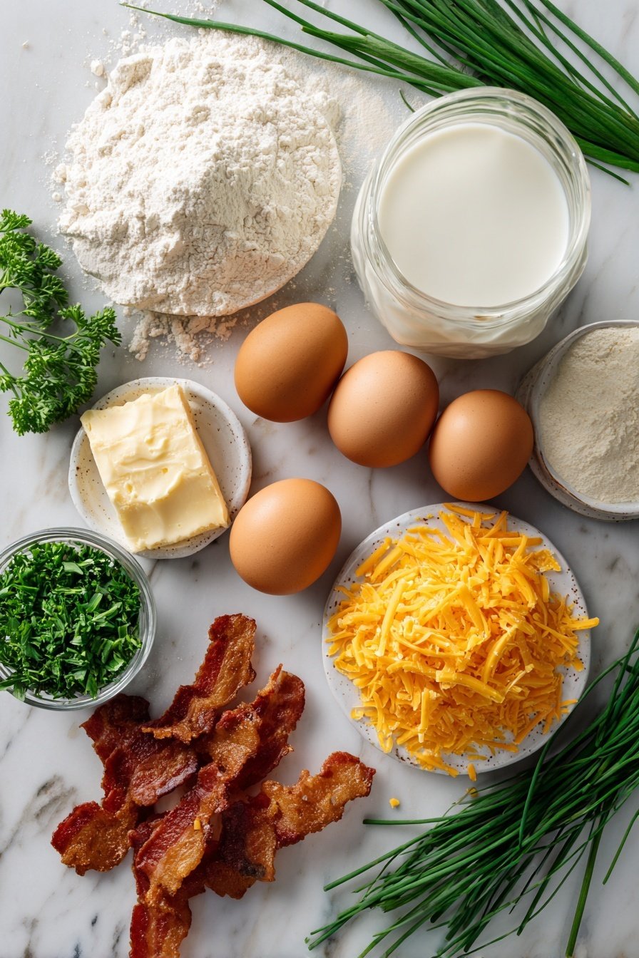 Savory Cheddar & Bacon Dutch Baby, savory Dutch baby pancake, bacon and cheddar breakfast, easy brunch recipes, crispy bacon skillet dish - Flat lay of cracked brown eggs with smooth shells, a small mound of all-purpose flour, a glass of creamy whole milk, a pat of melted golden butter, sharp shredded cheddar cheese in a neat pile, crispy crumbled bacon strips scattered artistically, fresh bright green chopped parsley, and slender green chives arranged gracefully, placed on a white marble surface, photo taken with an iphone --ar 2:3 --v 7