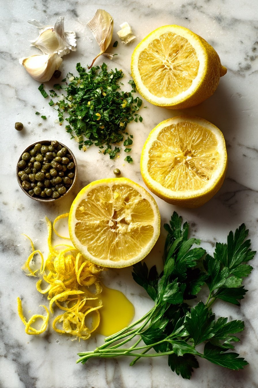 Simple Lemon Capers Sauce, lemon capers sauce, lemon sauce for fish and chicken, quick lemon caper sauce, versatile lemon capers sauce - Flat lay of fresh whole lemon halves with bright yellow lemon zest curls, small heaps of green capers glistening with moisture, vibrant green chopped parsley leaves, peeled garlic cloves alongside finely minced garlic, and a small pool of golden olive oil, all beautifully arranged on a white marble surface, photo taken with an iphone --ar 2:3 --v 7
