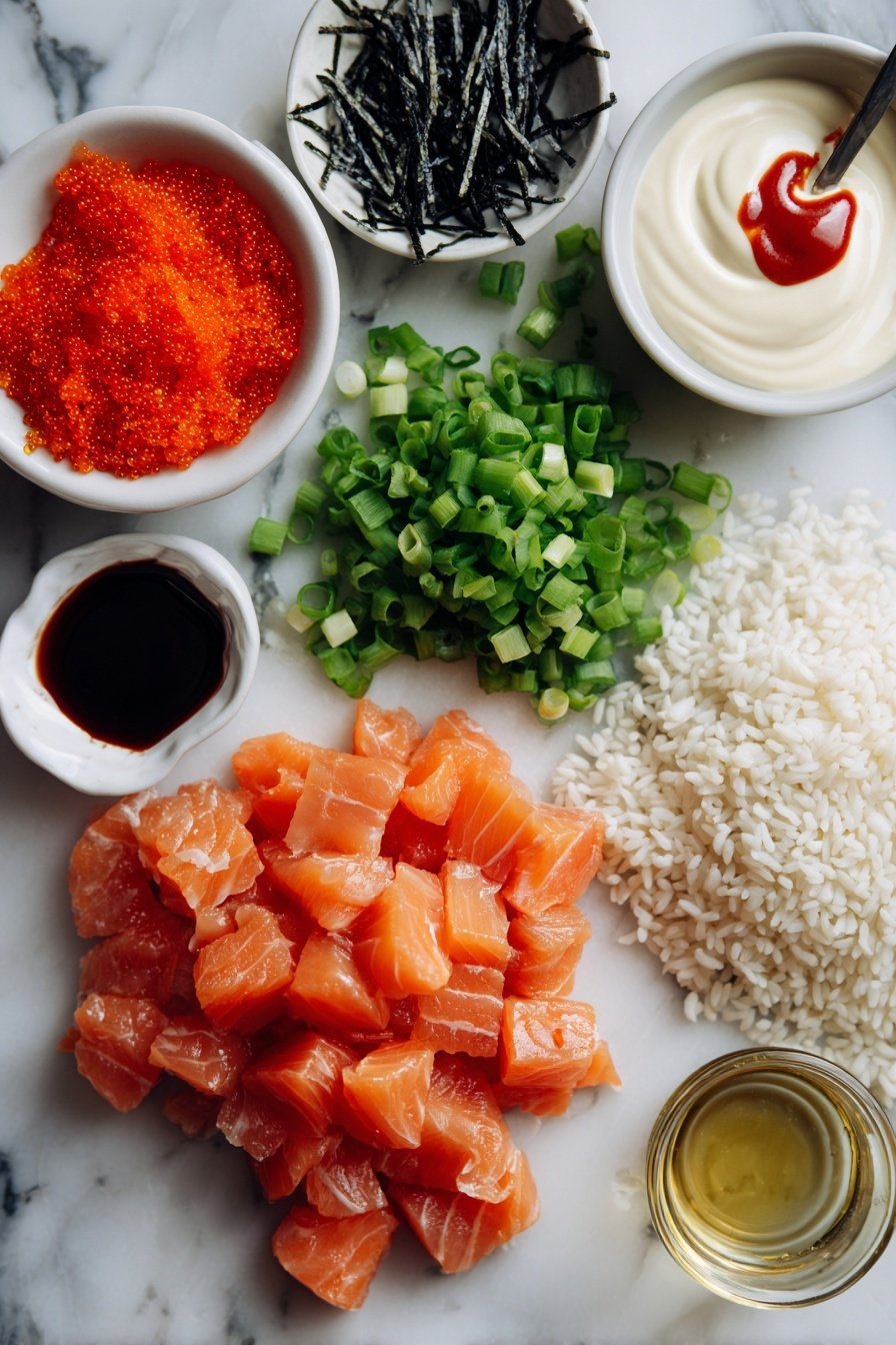 Spicy Salmon Sushi Bake, sushi bake recipe, baked salmon sushi, easy sushi dinner, salmon sushi casserole - Flat lay of fresh diced salmon fillet with a vibrant pink-orange color, a small pile of uncooked sushi rice grains, bright green chopped green onions scattered artistically, a glossy drizzle of creamy mayonnaise, a small drizzle of vivid red Sriracha sauce, thin black strips of dried nori, a few glistening orange tobiko pearls, and a small dish of light amber sesame oil, all arranged neatly and beautifully placed on a white marble surface, photo taken with an iphone --ar 2:3 --v 7