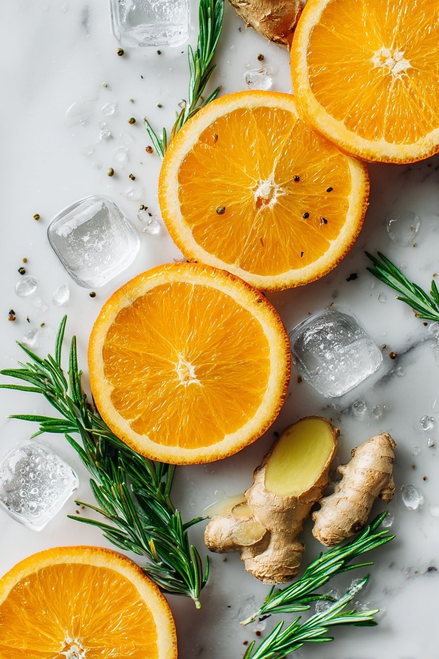 Orange Rosemary Iced Tea, herbal citrus iced tea, homemade flavored iced tea, refreshing summer beverages, easy iced tea recipes - Flat lay of fresh bright orange slices and whole oranges with vibrant green rosemary sprigs, thinly sliced fresh ginger pieces, loose black tea leaves scattered artfully, and sparkling clear ice cubes arranged elegantly, placed on a white marble surface, photo taken with an iphone --ar 2:3 --v 7