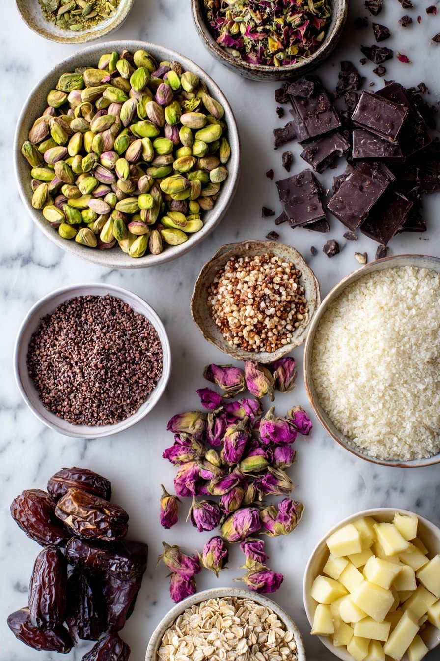 Pistachio Tart, pistachio tart recipe, gluten-free pistachio tart, healthy pistachio tart, nutty dessert - Flat lay of shelled pistachios, chopped pistachios, chopped dark chocolate pieces, medjool dates, roasted buckwheat grains, oat flakes, cacao powder, solid coconut oil chunks, and dried rose petals, all beautifully arranged in small neat piles and clusters, showcasing their natural colors and textures, placed on a white marble surface, photo taken with an iphone --ar 2:3 --v 7