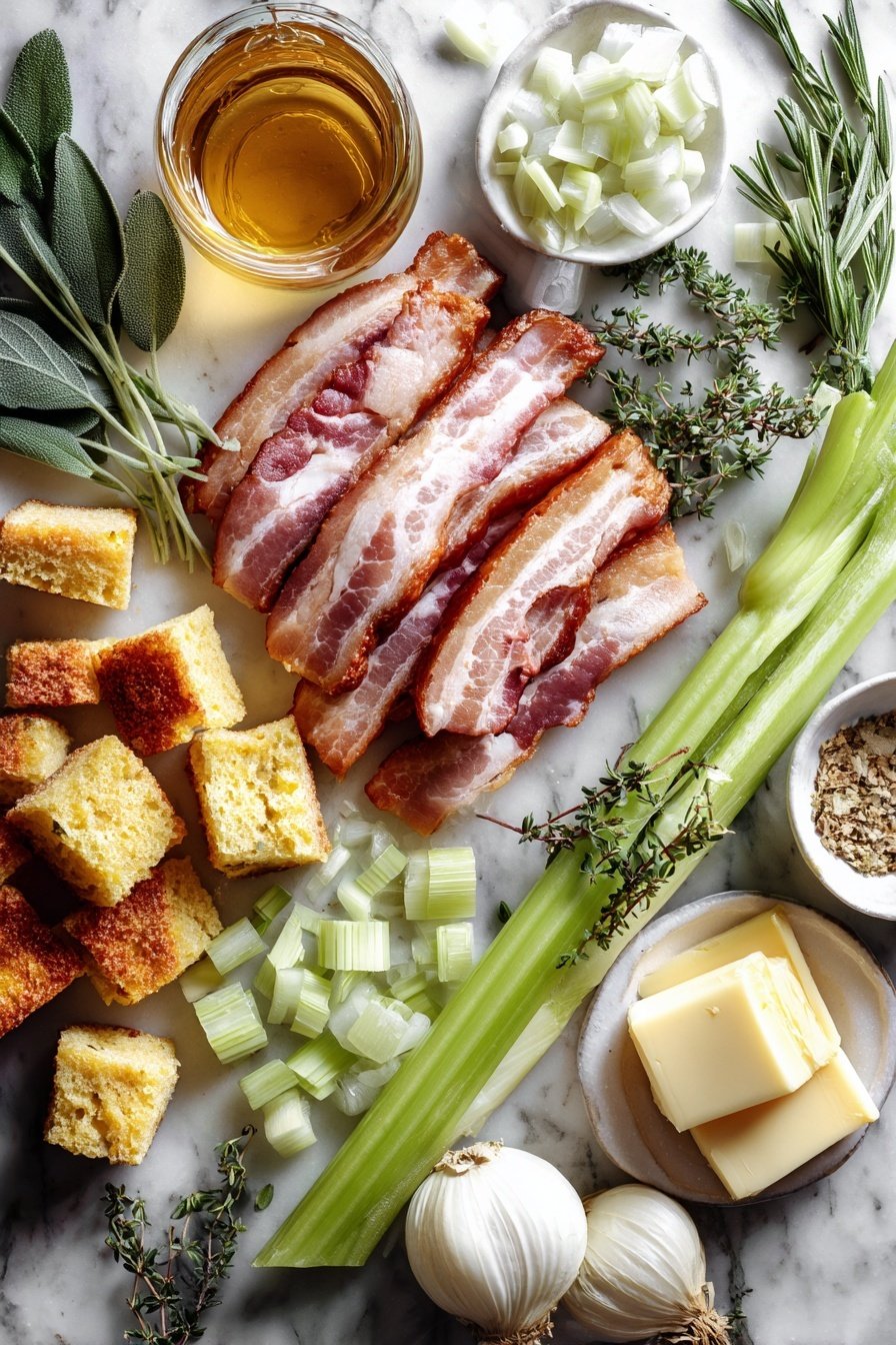 Bacon Cornbread Stuffing, holiday stuffing with bacon, cornbread stuffing recipes, savory bacon stuffing, easy cornbread stuffing ideas - Flat lay of thick-cut bacon slices, torn golden cornbread chunks, bright green celery stalks with leaves, chopped white onions, fresh sage leaves, fresh thyme sprigs, a small glass of amber apple cider vinegar, and a stick of pale yellow butter pieces, all beautifully arranged on a white marble surface, photo taken with an iphone --ar 2:3 --v 7