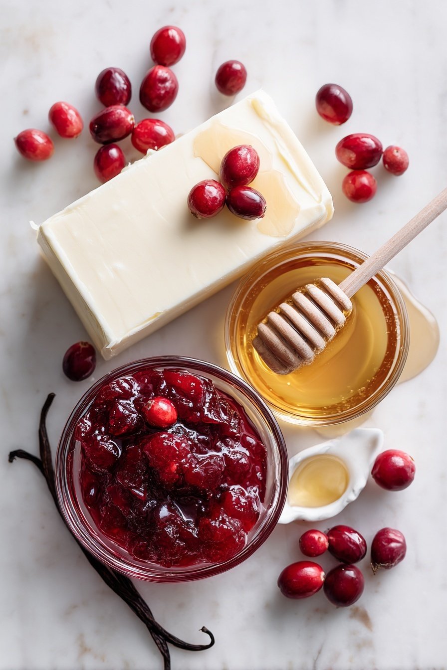 Christmas Cranberry Honey Butter, holiday cranberry butter, festive honey spread, homemade cranberry butter, Christmas breakfast spread - Flat lay of a soft block of unsalted butter, a small glass bowl of bright red cranberry sauce with whole cranberries, a golden honey dipper dripping thick honey, a vanilla bean pod alongside a small dish of clear vanilla extract, and a few scattered fresh cranberries, placed on a white marble surface, photo taken with an iphone --ar 2:3 --v 7
