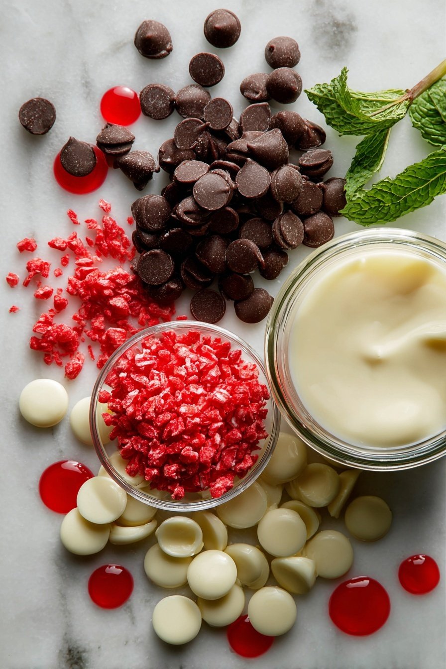 Peppermint Swirl Fudge, peppermint fudge recipe, holiday peppermint fudge, easy peppermint fudge, festive peppermint treats - Flat lay of glossy dark chocolate chips, smooth white chocolate chips with a creamy hue, a small pile of bright red crushed peppermint candies, a glass jar of thick, creamy sweetened condensed milk, a few fresh green peppermint leaves for contrast, and a tiny dish with clear peppermint extract droplets, all beautifully arranged with a few red gel food coloring drops artfully placed nearby, placed on a white marble surface, photo taken with an iphone --ar 2:3 --v 7