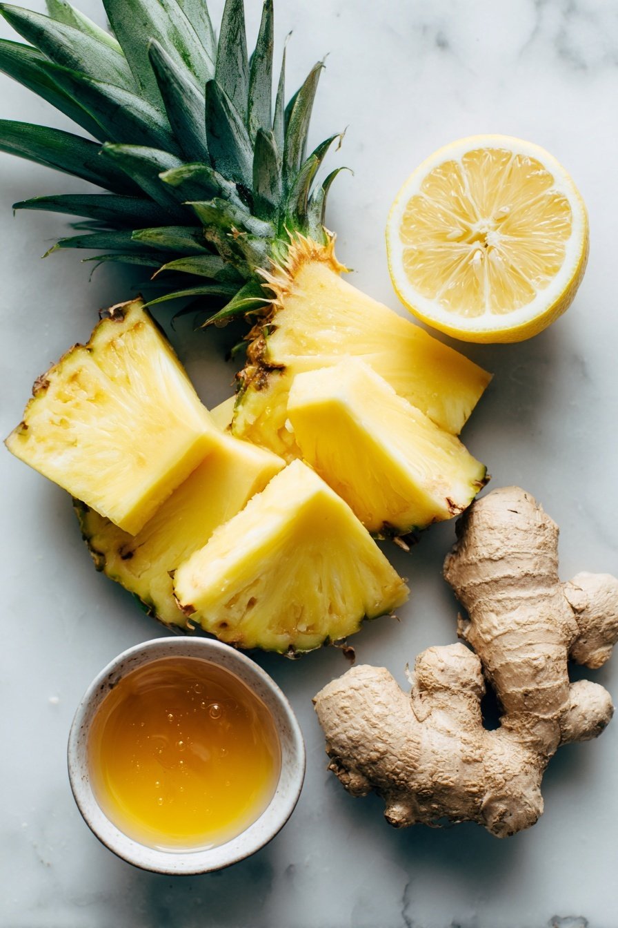 Pineapple Ginger Tea, Pineapple Ginger Tea benefits, How to make pineapple ginger tea, refreshing pineapple ginger beverage, healthy ginger tea drinks - Flat lay of large fresh pineapple chunks with bright yellow flesh and spiky green leaves, a knobby piece of pale beige ginger root with textured skin, a sliced lemon showing its juicy yellow interior, and a small bowl of golden honey placed on a white marble surface, photo taken with an iphone --ar 2:3 --v 7
