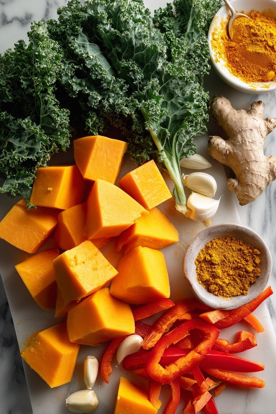 Creamy Pumpkin Curry with Coconut and Veggies, pumpkin curry, coconut pumpkin curry, vegetarian pumpkin curry, healthy fall curry, comforting veggie curry - Flat lay of bright orange pumpkin chunks, fresh green kale leaves, vibrant chopped carrot pieces, red and yellow bell pepper slices, peeled garlic cloves, a small piece of fresh ginger root, a heap of golden curry powder, and a drizzle of creamy coconut milk, all beautifully arranged on a white marble surface, photo taken with an iphone --ar 2:3 --v 7