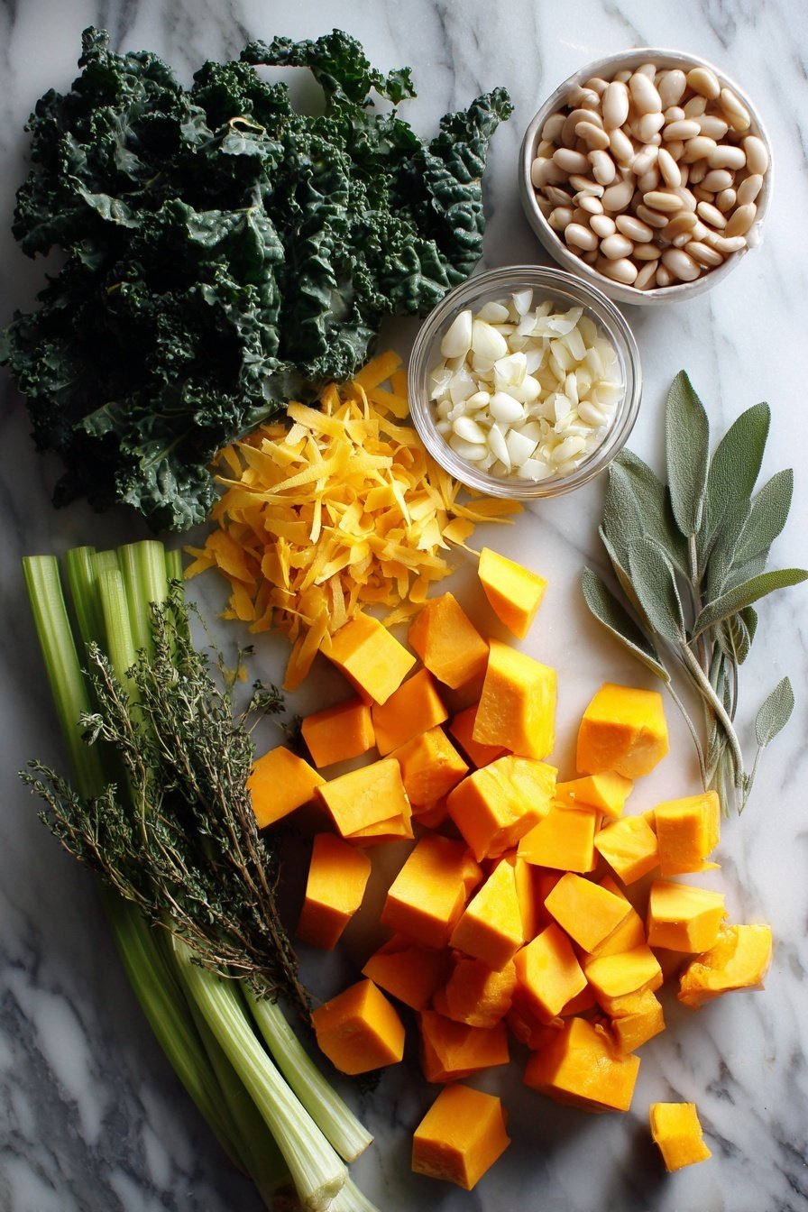 Butternut Squash, Kale, and White Bean Soup, healthy butternut squash soup, hearty vegetable soup, vegan friendly soup, cozy fall soup - Flat lay of peeled and cubed butternut squash, bright green roughly chopped lacinato kale leaves, plump rinsed Great Northern beans, fresh thyme sprigs, finely chopped yellow onion, vibrant celery ribs, peeled garlic cloves, fresh sage leaves, and a small pile of toasted pumpkin seeds, all beautifully arranged on a white marble surface, photo taken with an iphone --ar 2:3 --v 7