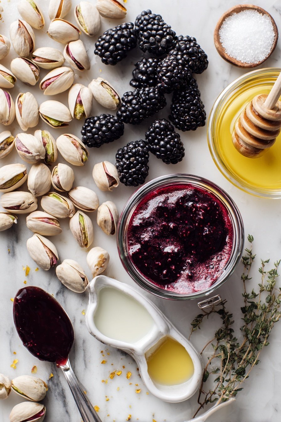 Pistachio and Blackberry Olive Oil Cake with Salted Blackberry Thyme Buttercream, pistachio blackberry cake, olive oil berry cake, blackberry dessert with thyme, elegant berry cake - Flat lay of shelled pistachios, fresh blackberries, a small pile of granulated sugar, a drizzle of golden olive oil, a splash of milk, vanilla and almond extract bottles, a spoonful of deep purple blackberry preserves, and a sprinkle of dried thyme, all beautifully arranged with vibrant colors and textures, placed on a white marble surface, photo taken with an iphone --ar 2:3 --v 7